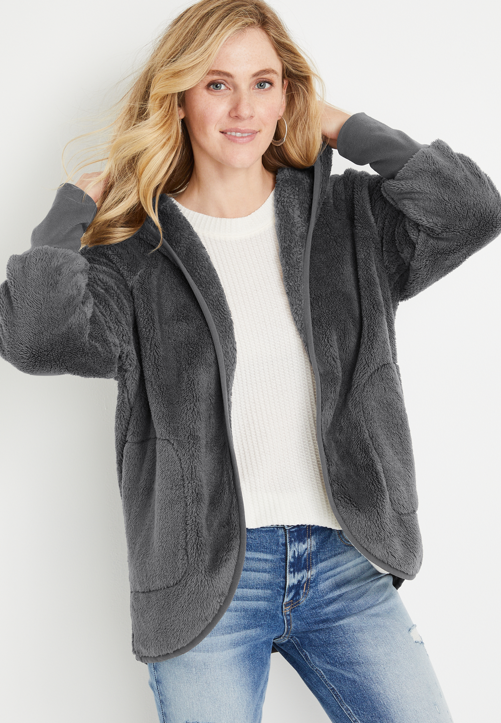 Gray Sherpa Hooded Cardigan