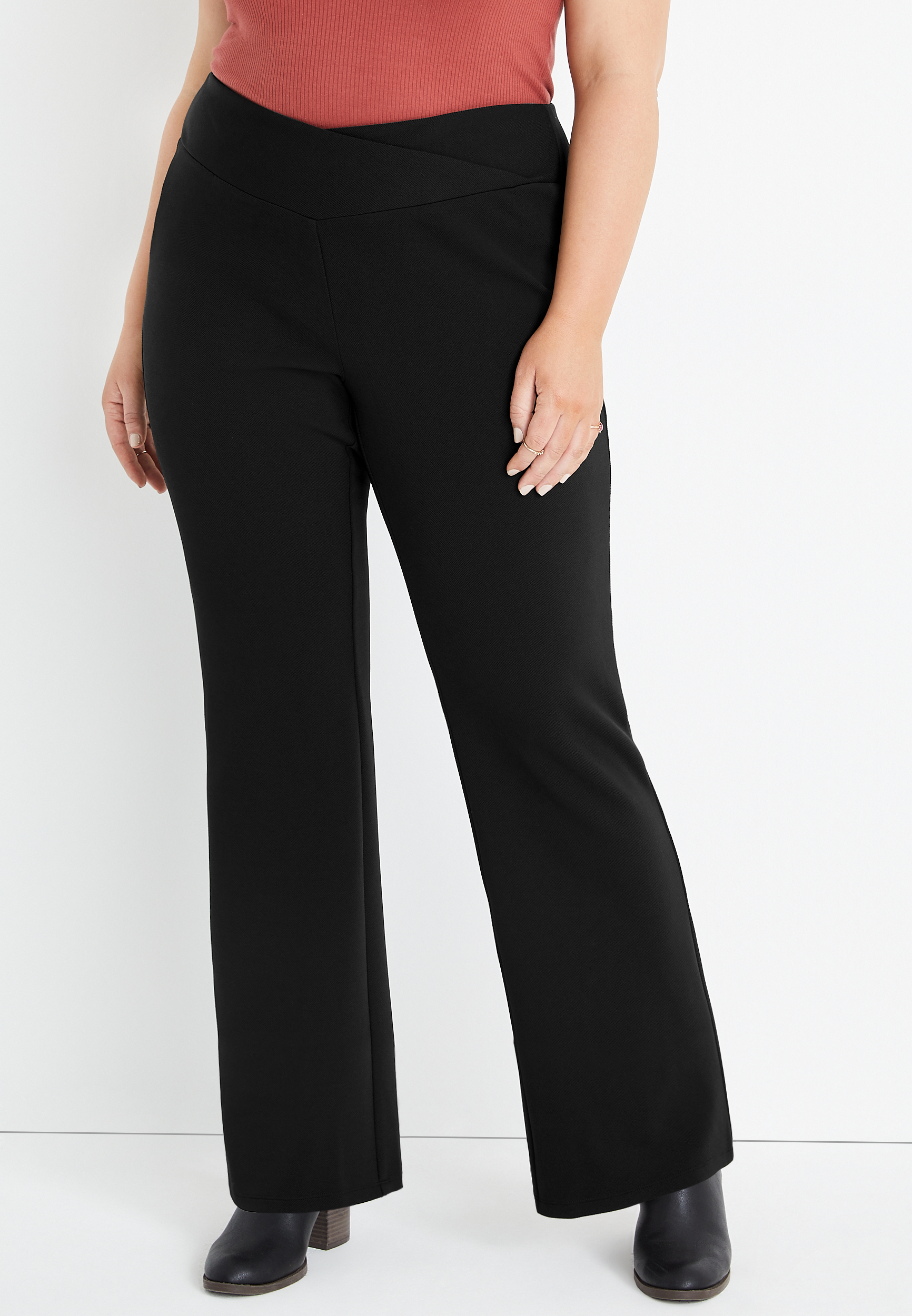 Black crossover waistband flare trousers