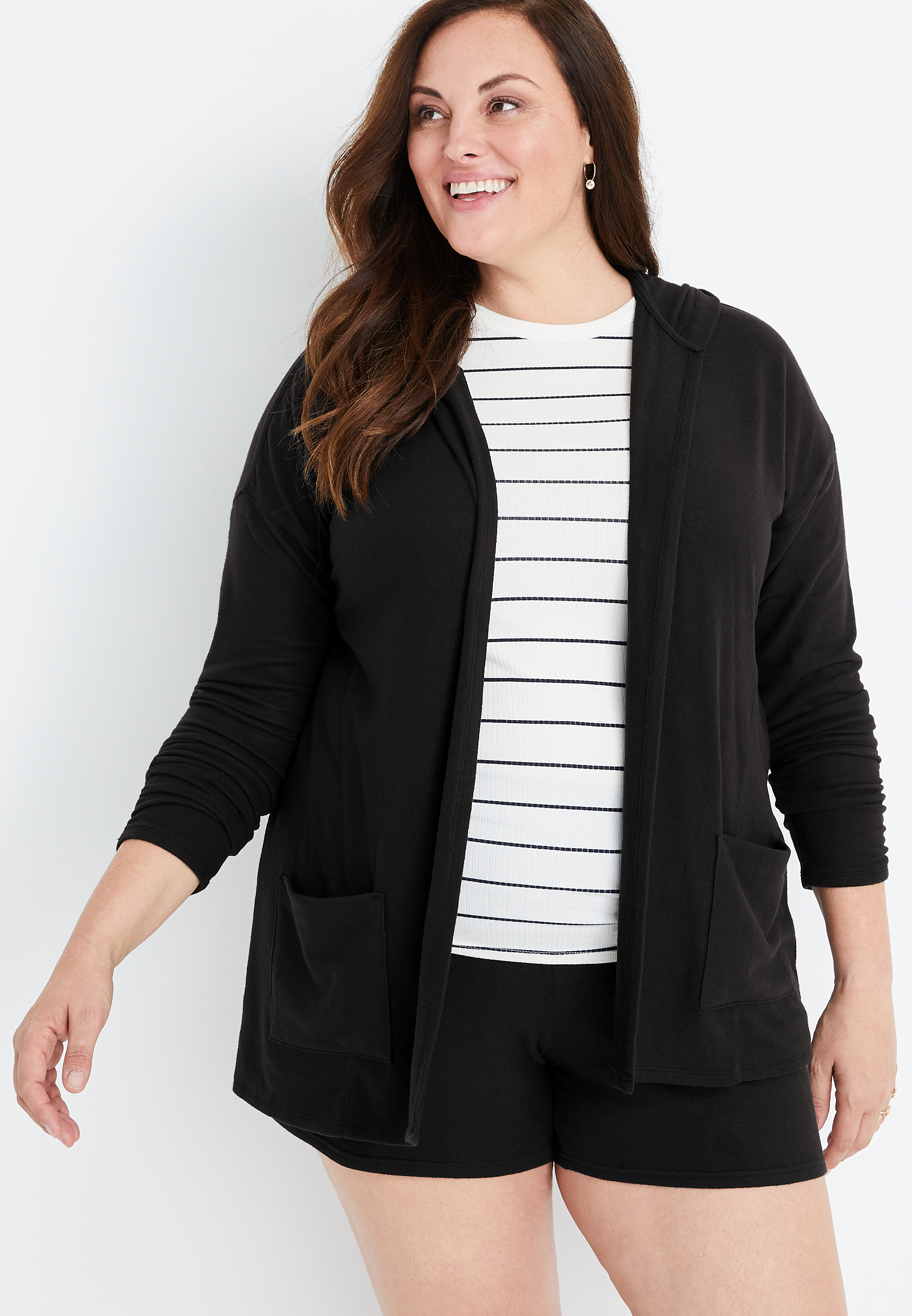 Plus Size Black Hacci Long Cardigan