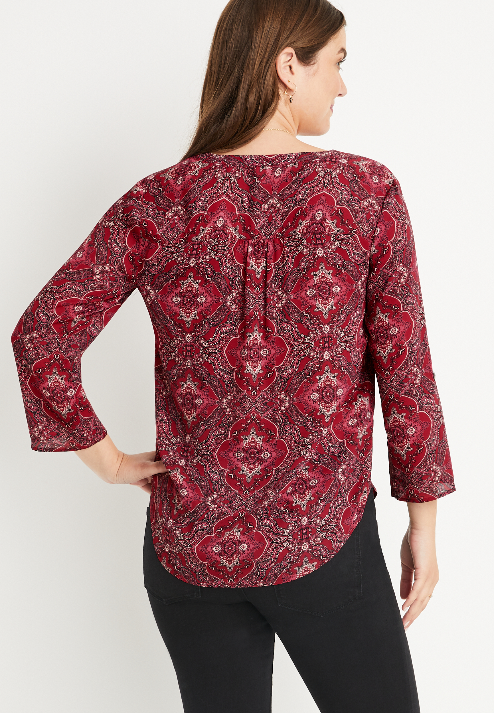 Maurices Women's Medium Size Atwood Paisley 3/4 Sleeve Popover Blouse Red - Shop The Look - Work Wear Essentials - Shirts & Blouses