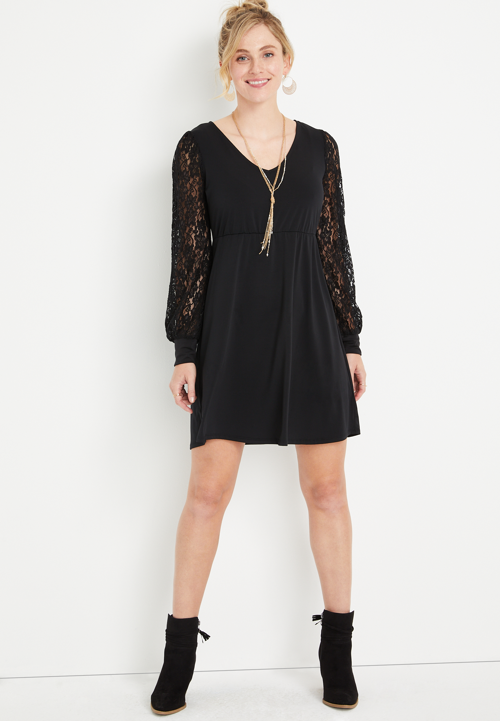 Black Lace Sleeve Mini Dress | maurices