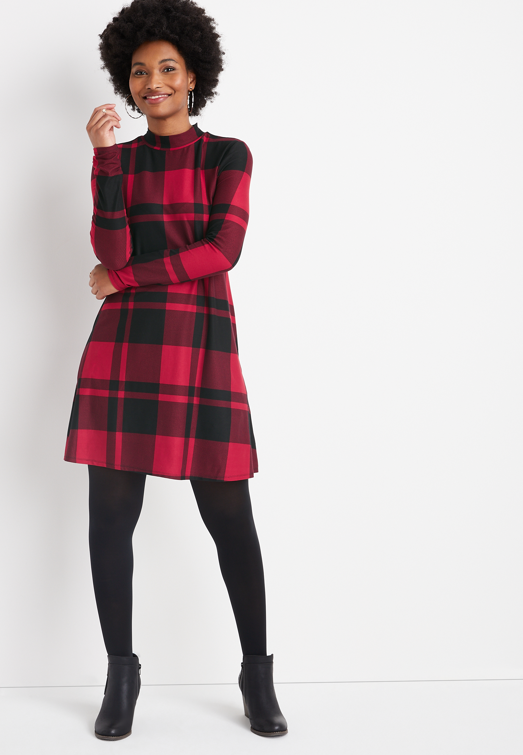 Red Plaid Mock Neck Mini Dress | maurices