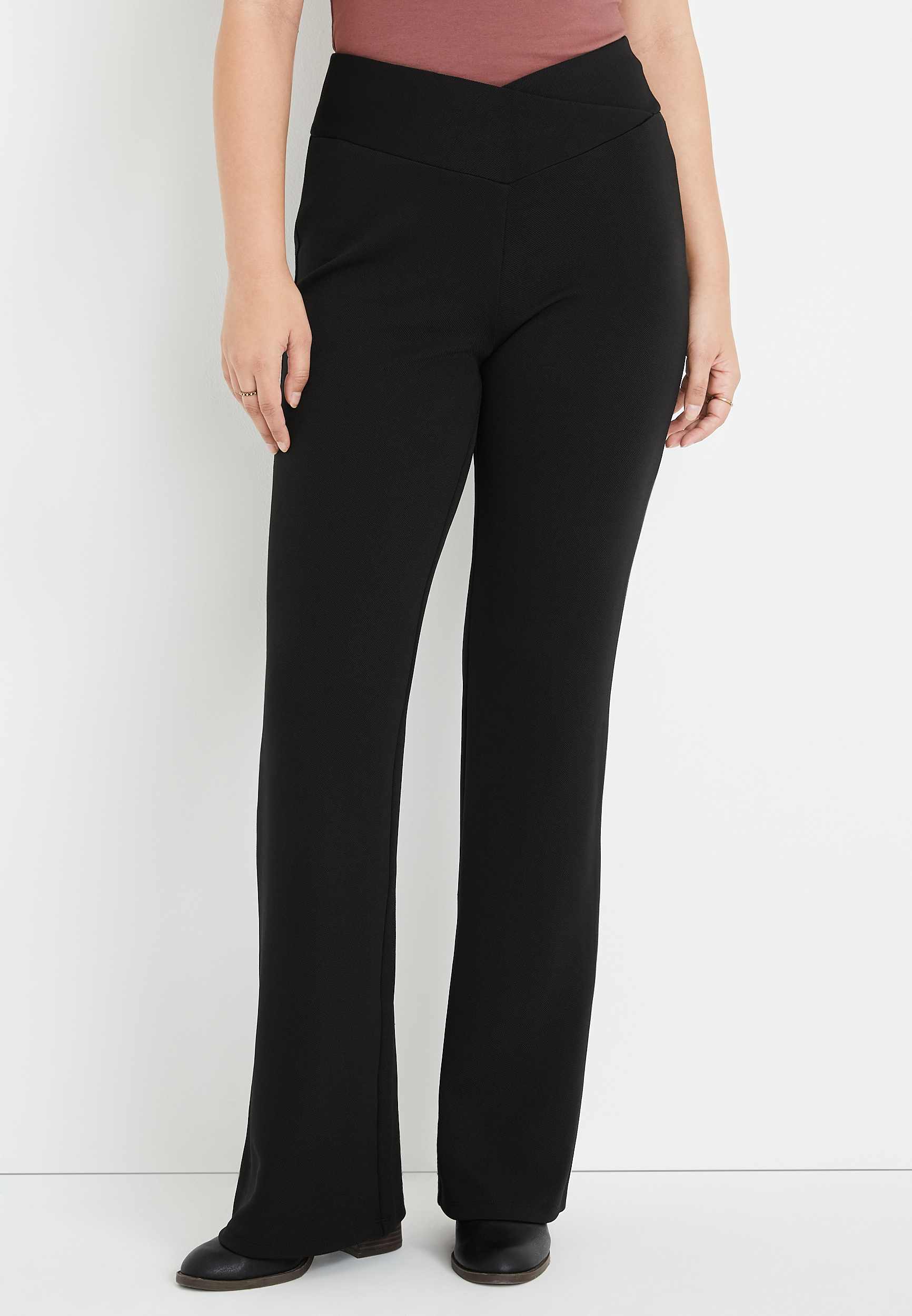 Black Crinkle Rib Cross Over Waist Flared Pants