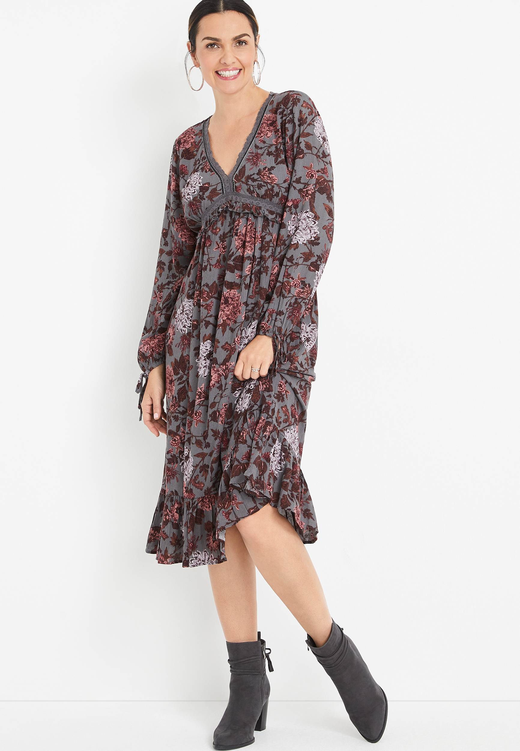 knee length dresses for ladies Women's Bloom Service Grey Multi Floral Cutout Bodice Midi Dress | Size: S