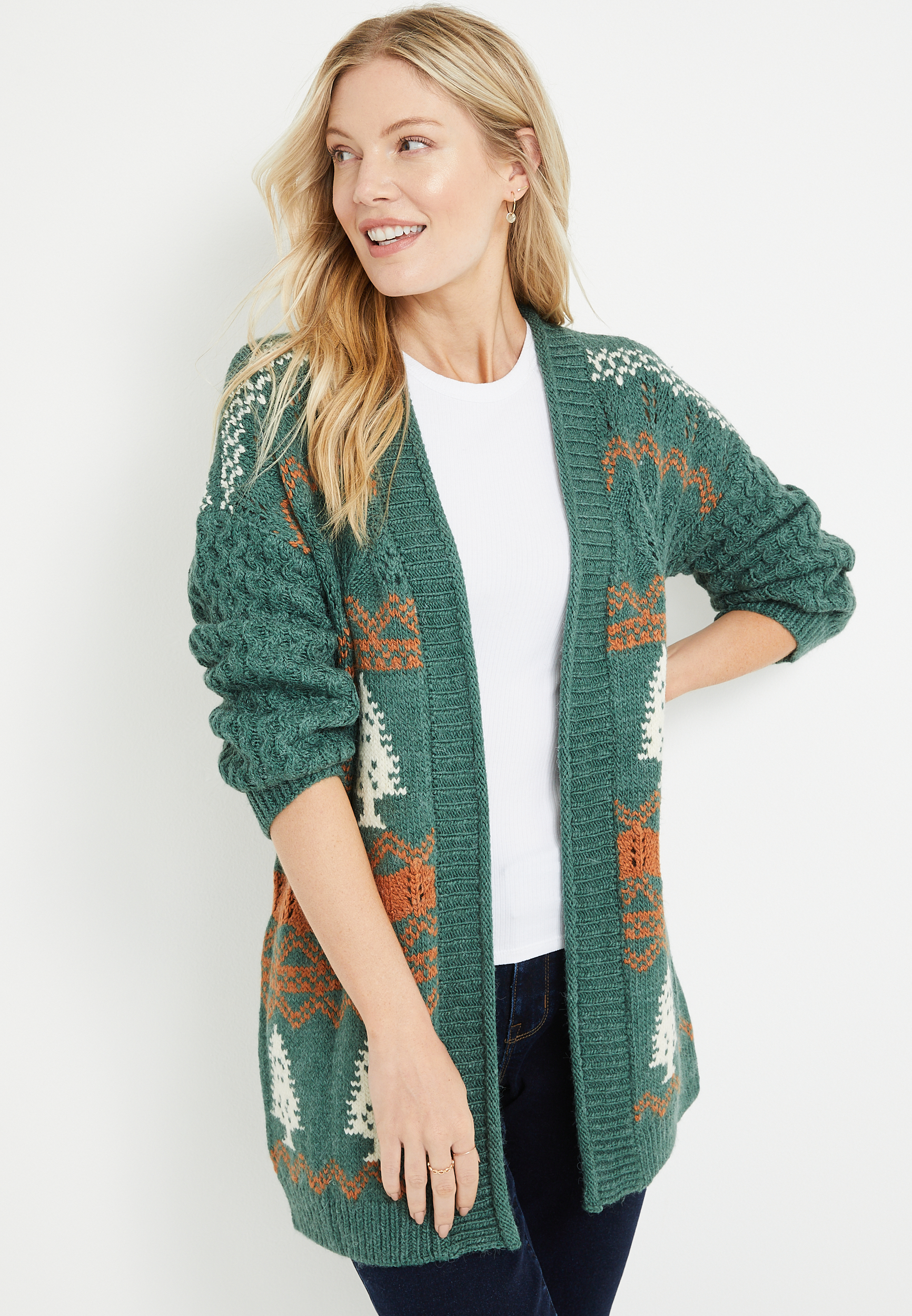 Green Christmas Tree Blouson Sleeve Cardigan