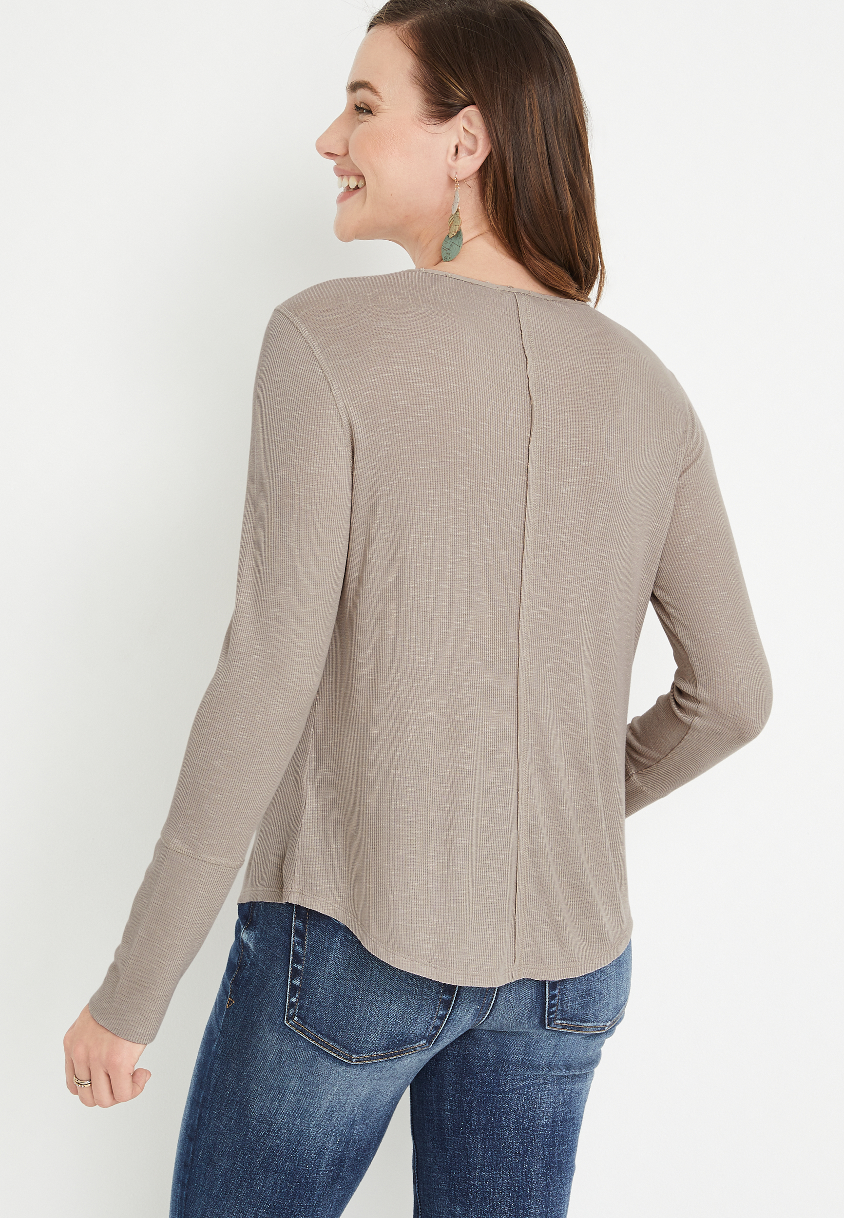 Solid Lace Long Sleeve Henley Top