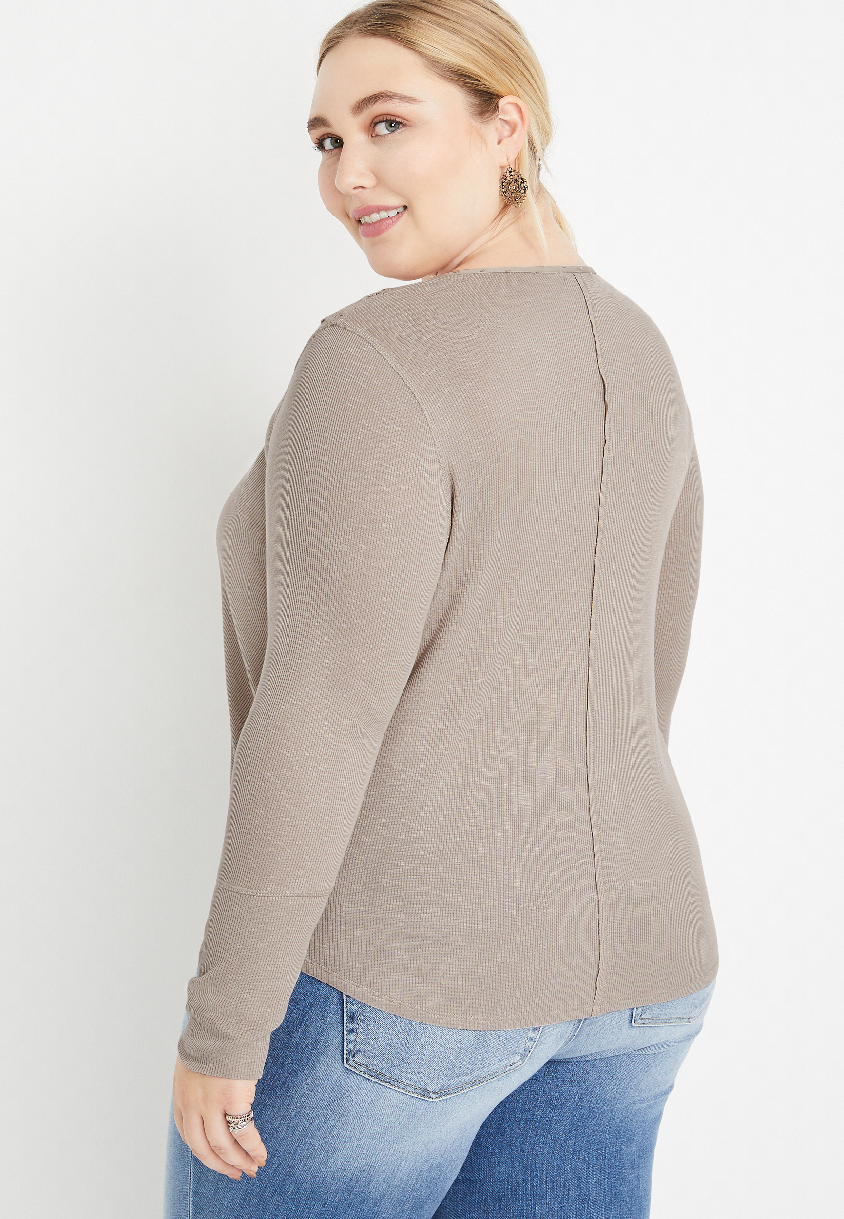 Plus Size Solid Lace Long Sleeve Henley Top