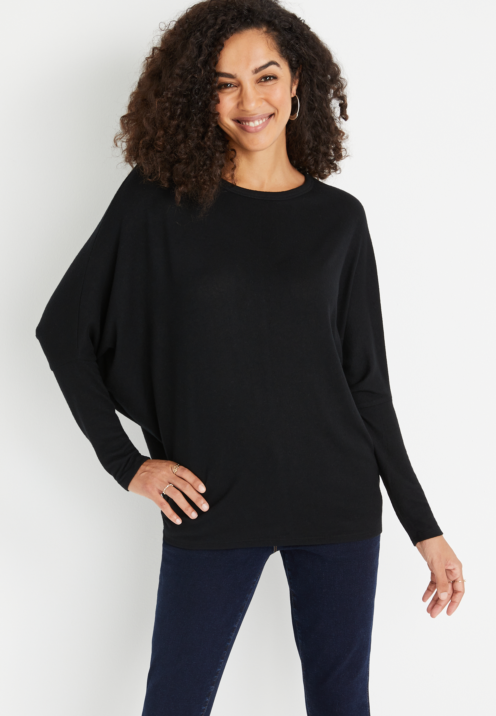 売れ筋商品|||２４セブンコンフォート カットソー トップス レディース Women's Long Sleeve Oversized Dolman Top Black 24/7 Cozy Long Sleeve Dolman Tee | maurices