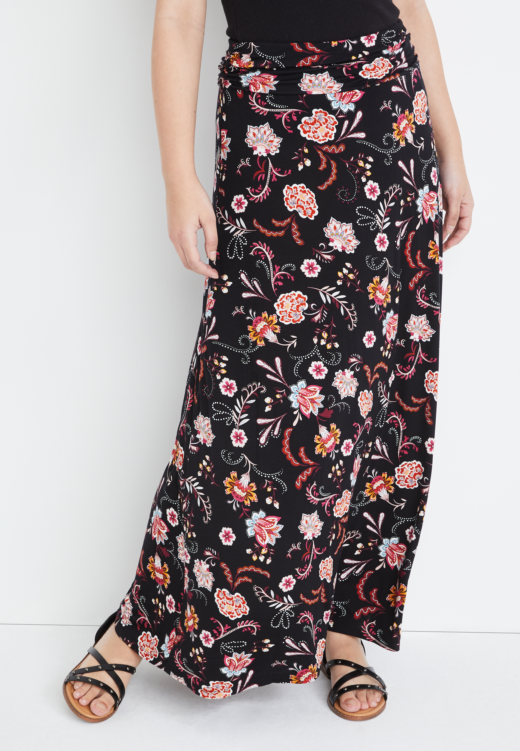 Black Floral High Rise Maxi Skirt maurices