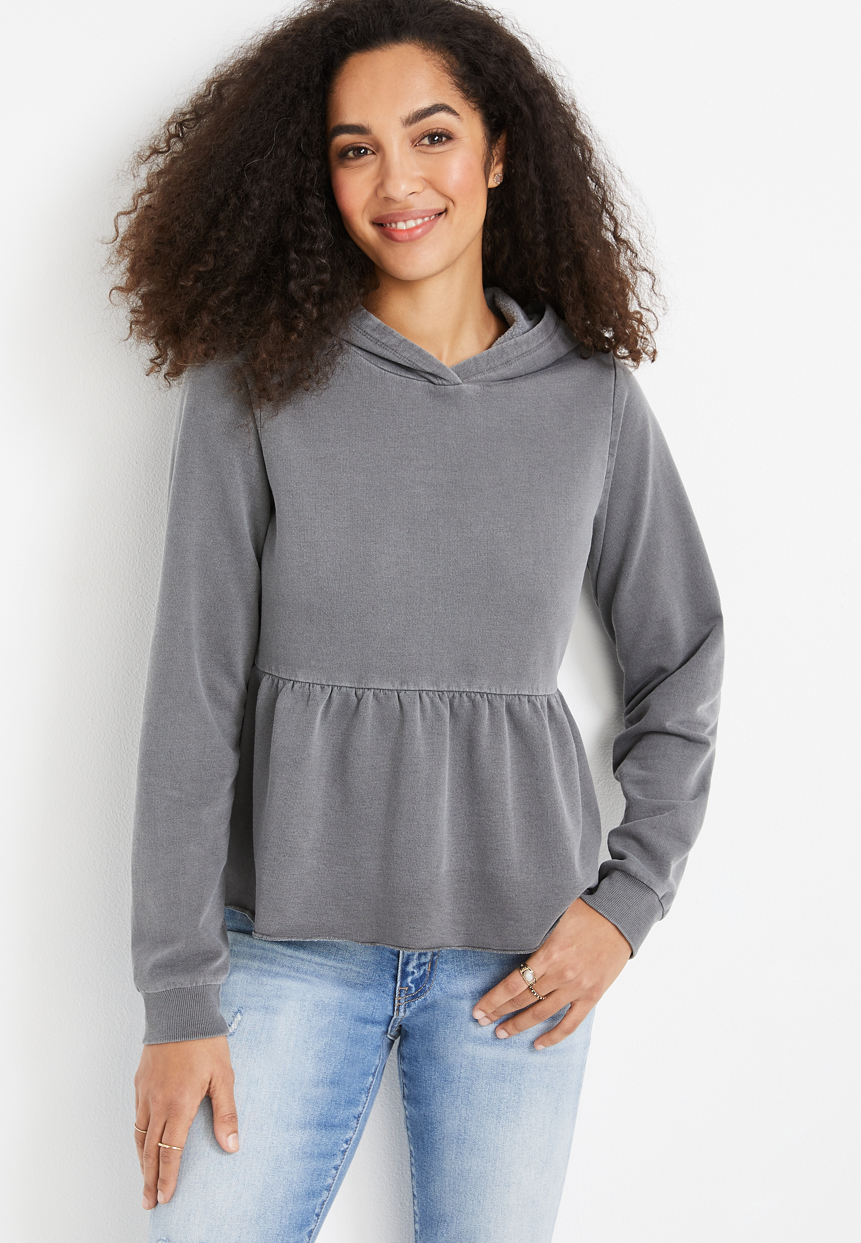 Solid Peplum Long Sleeve Hoodie