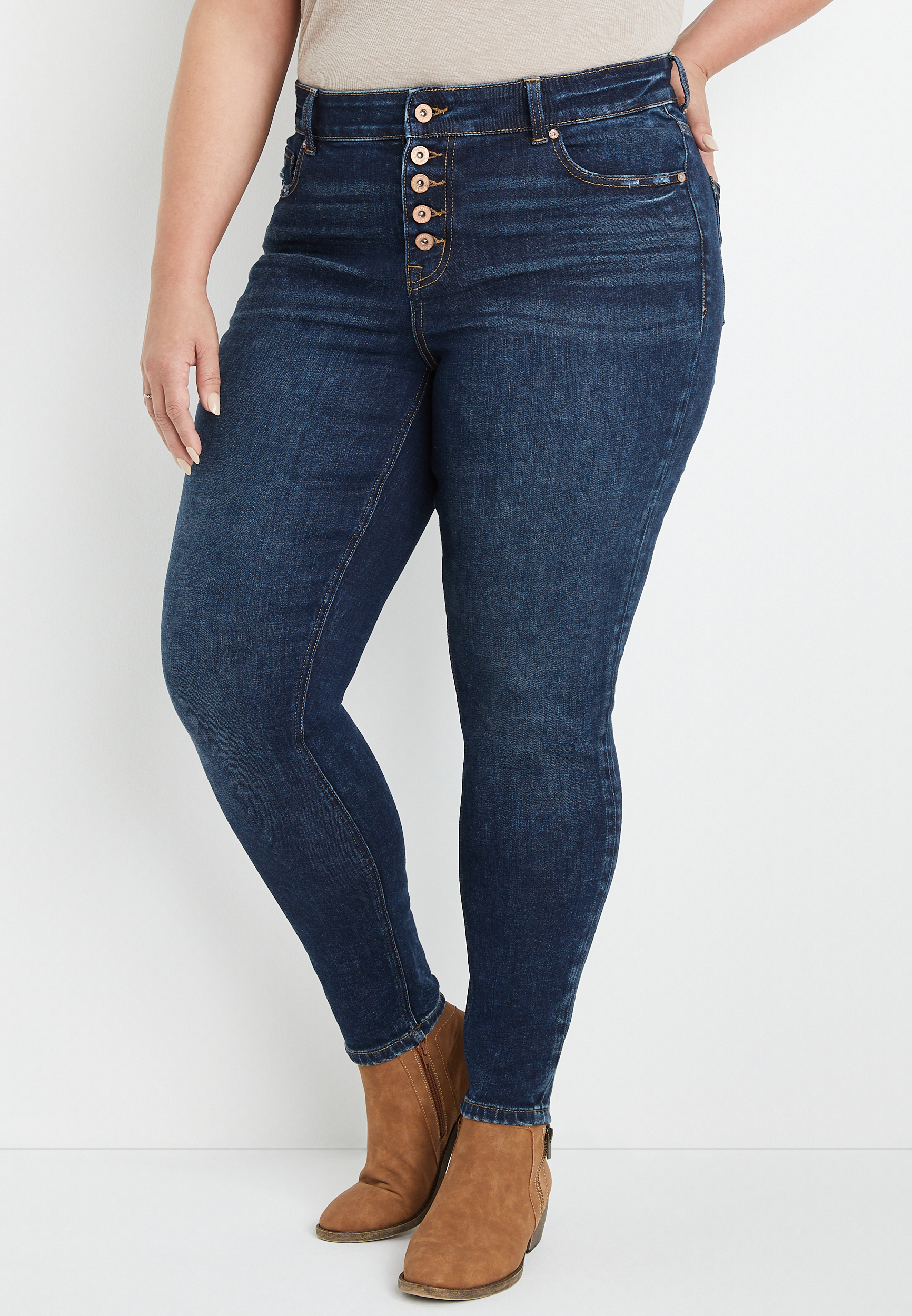 Dropship Plus Size High Rise Button Fly Skinny Jeans; Women's Plus