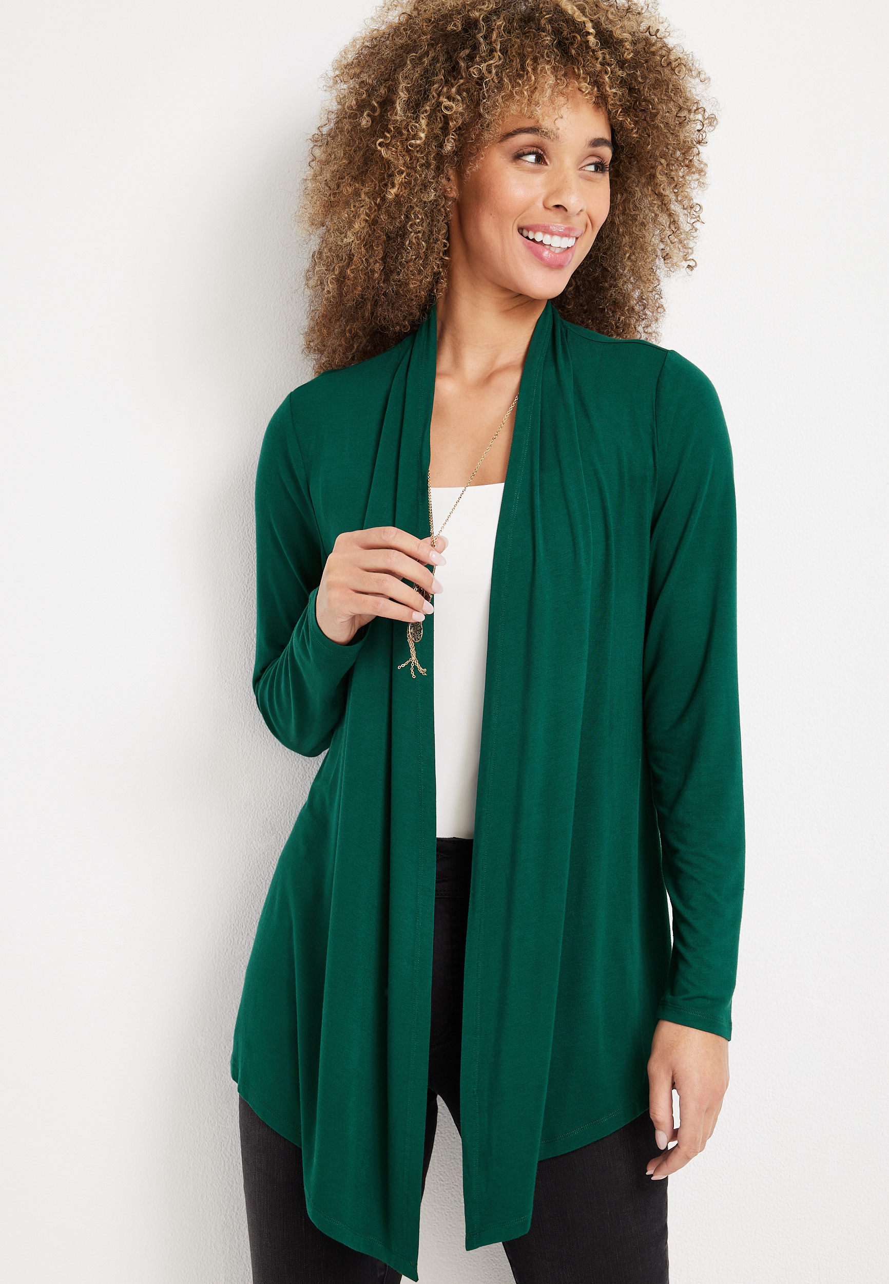 Solid Long Sleeve Waterfall Front Cardigan