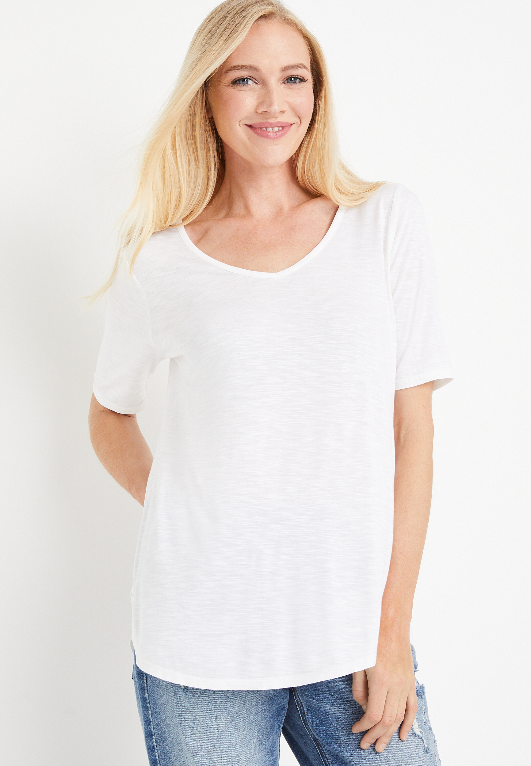 24/7 Olivia Solid V Neck Tunic Tee