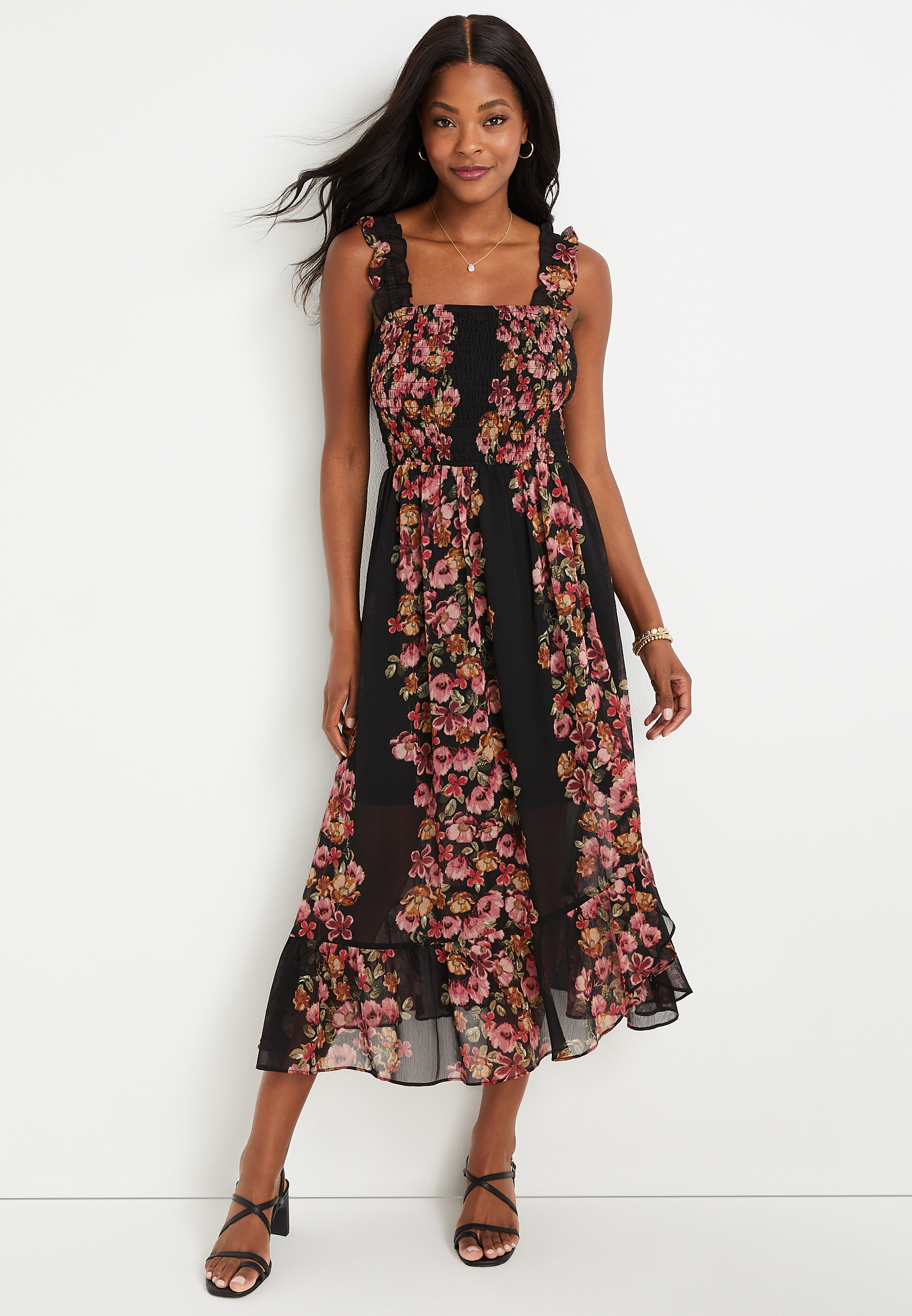 Black Floral Smocked Midi Dress | maurices