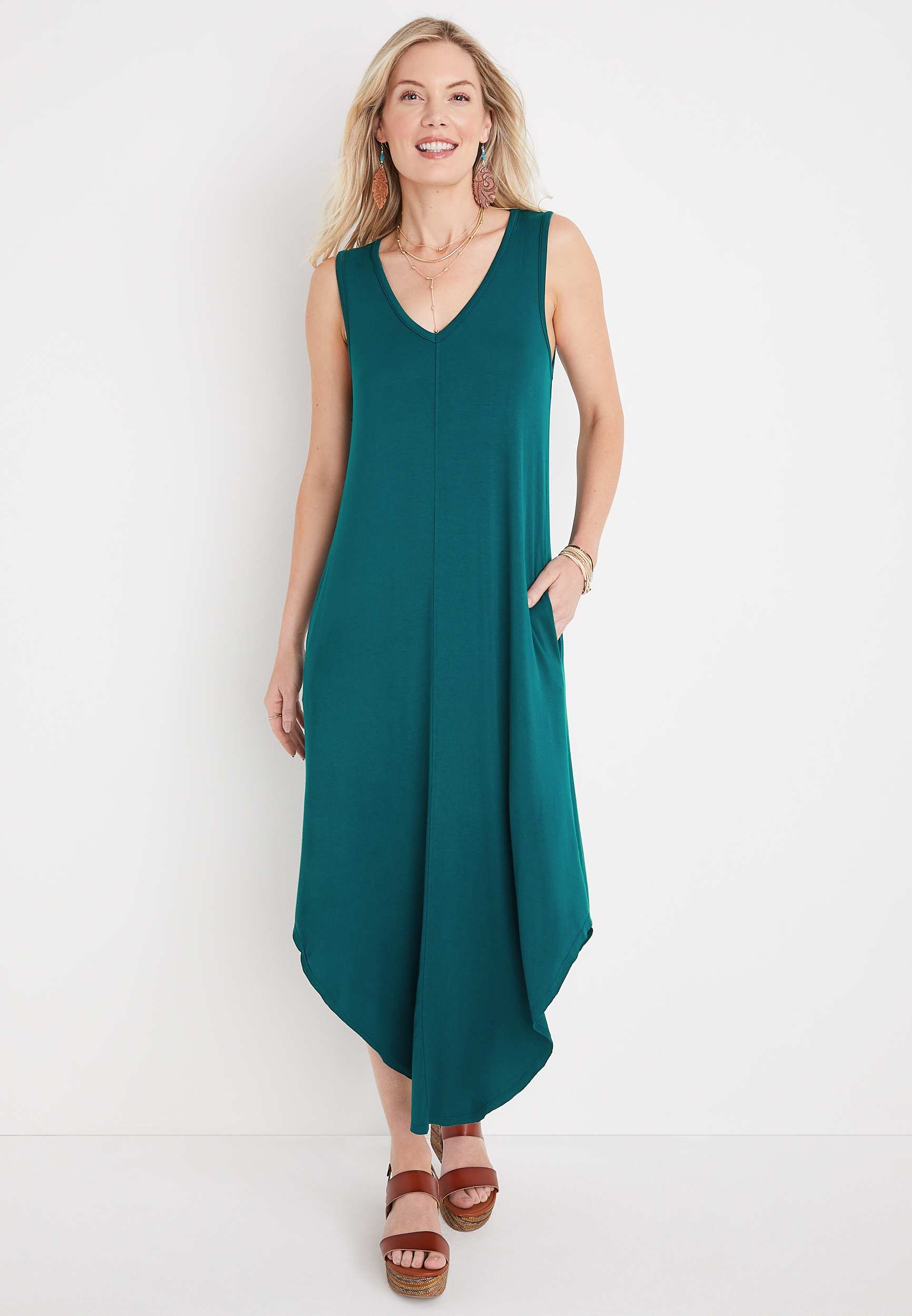 24/7 Solid V Neck Midi Dress