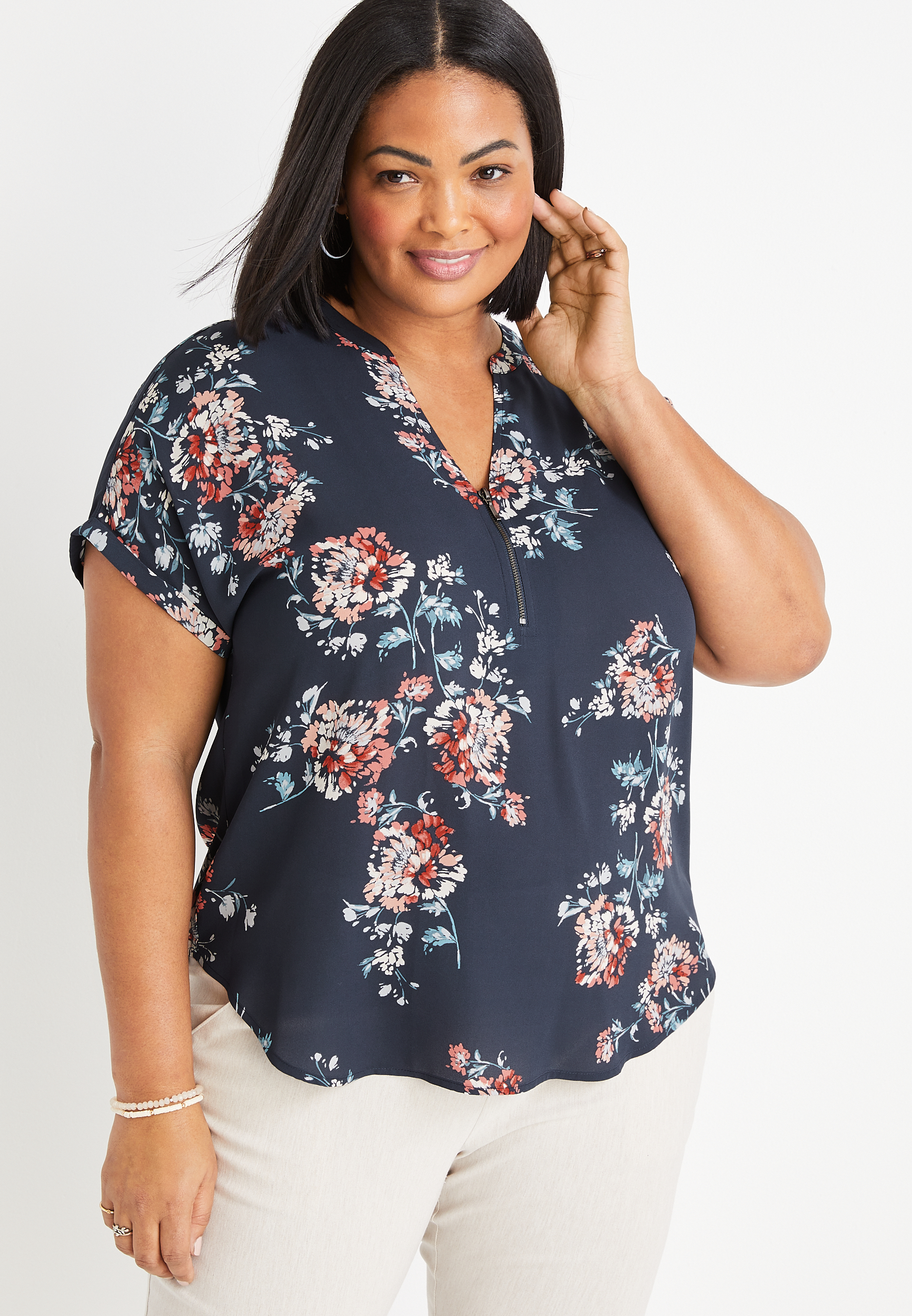 Plus Size Geneva Floral Zipper Neck Blouse | maurices