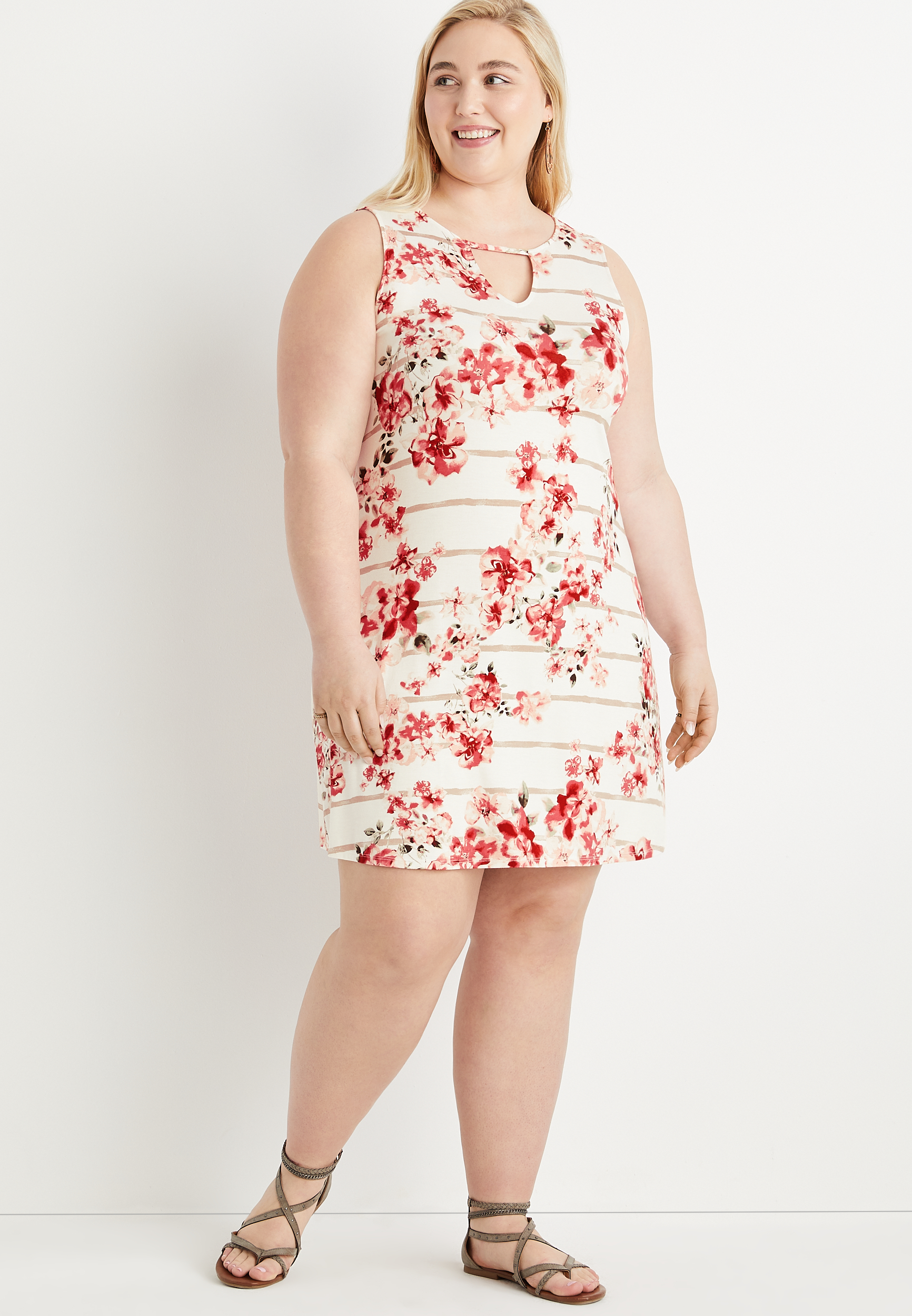 Plus Size 24/7 Stripe Floral Cut Out Shift Mini Dress | maurices