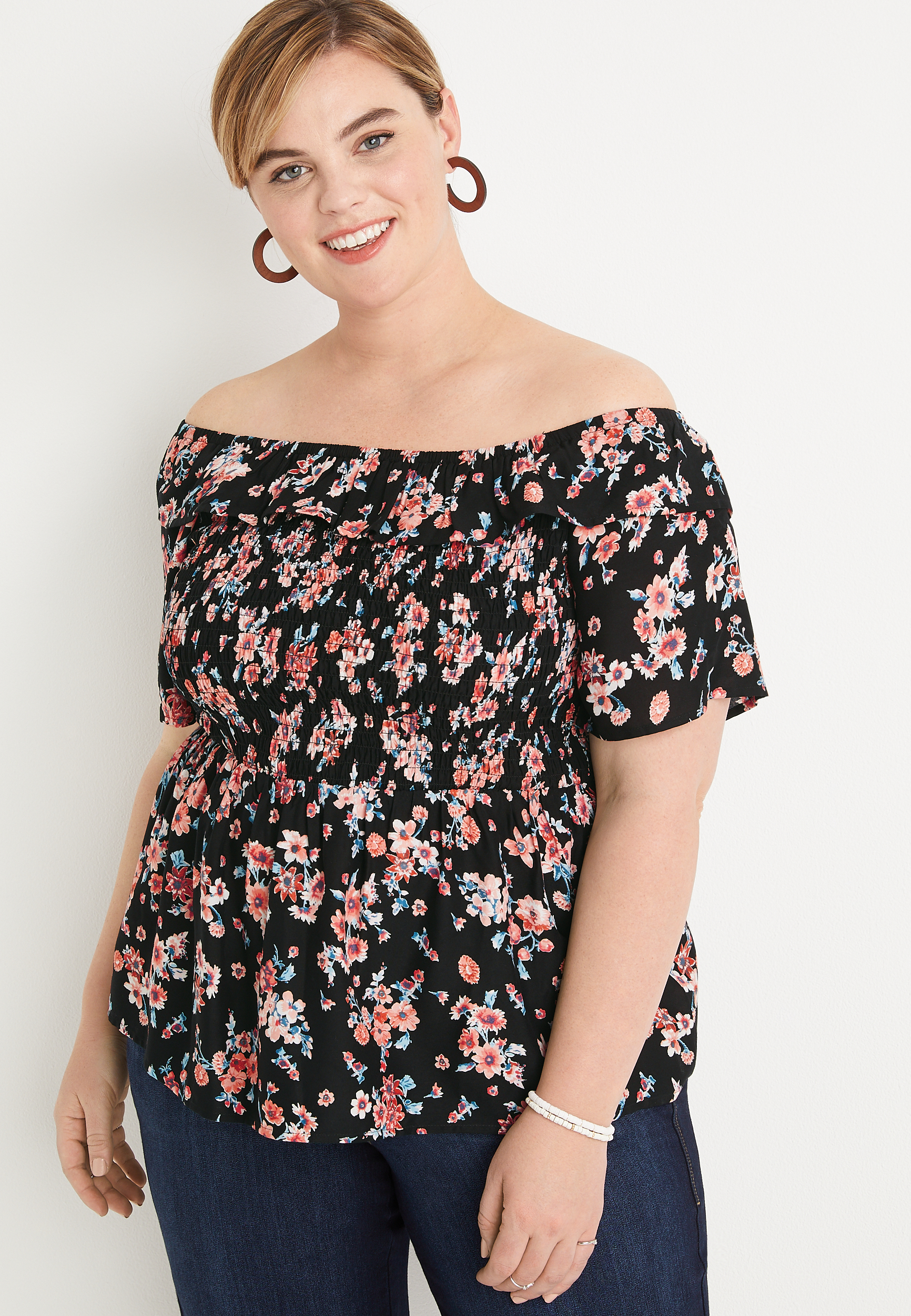 Plus Size Black Floral Smocked Off The Shoulder Top