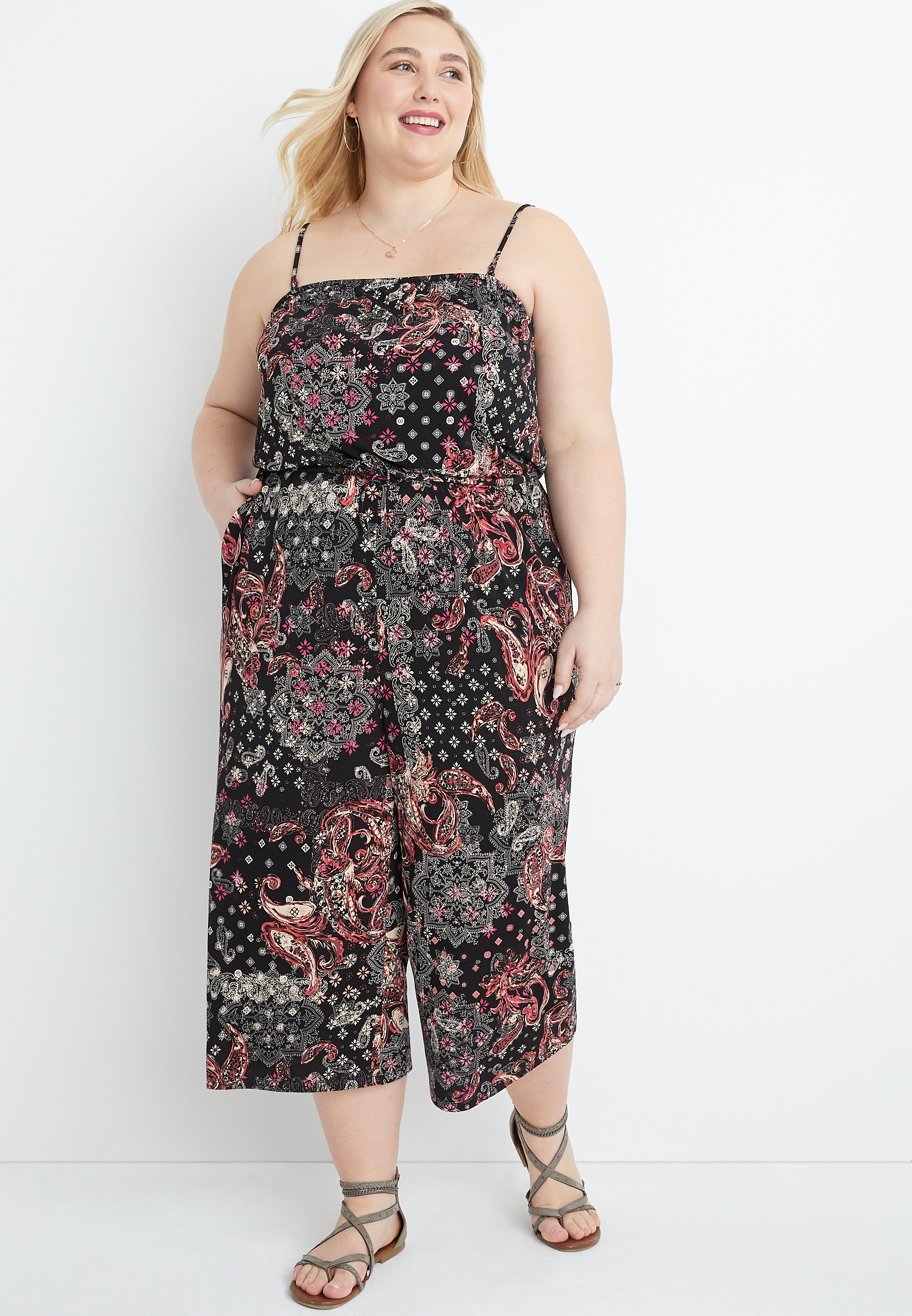 Plus Size Mixed Paisley Print Cropped Jumpsuit maurices