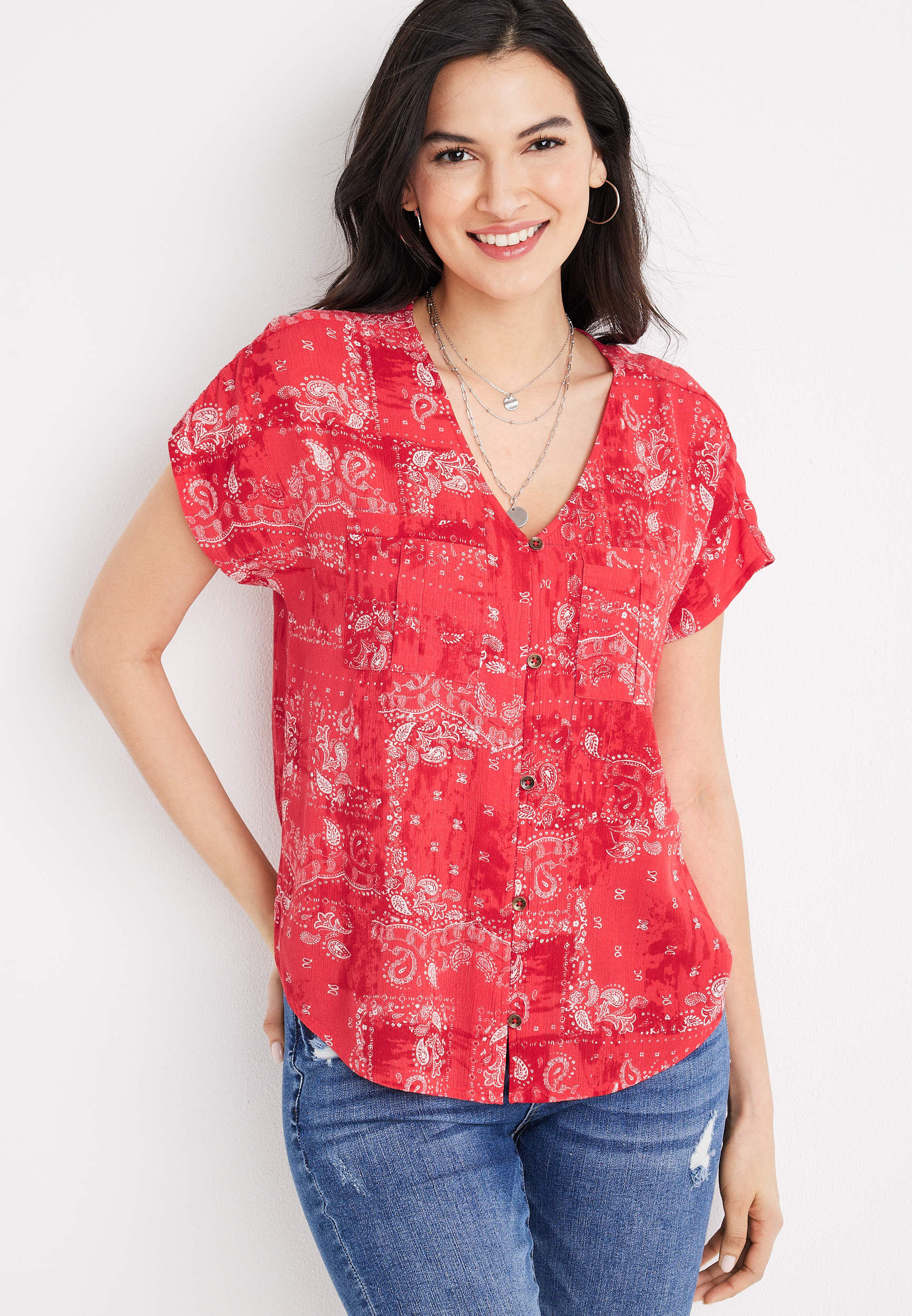 Asis Percales Daisy Button Up Blouse Red