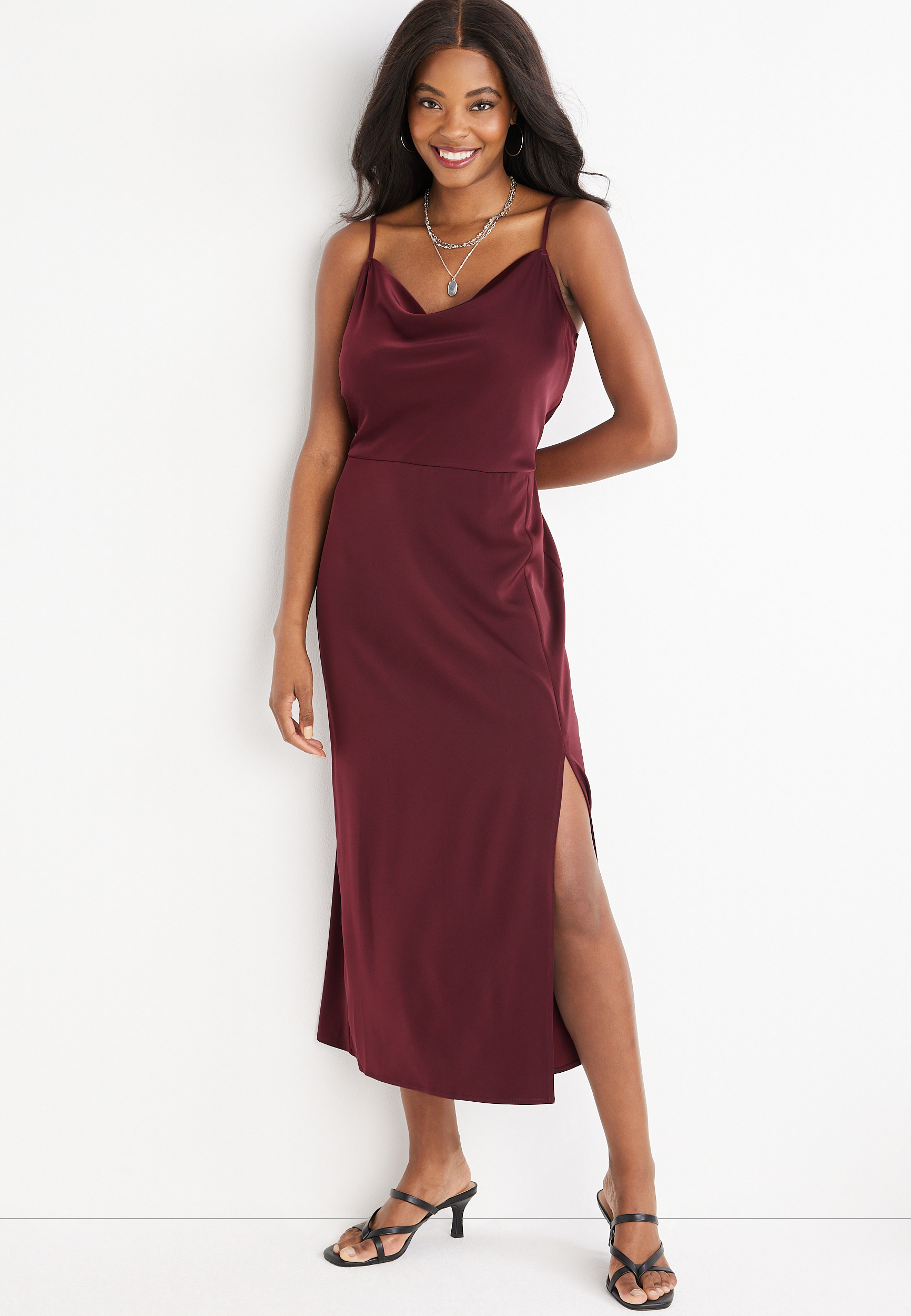 satin midi cowl neck dress