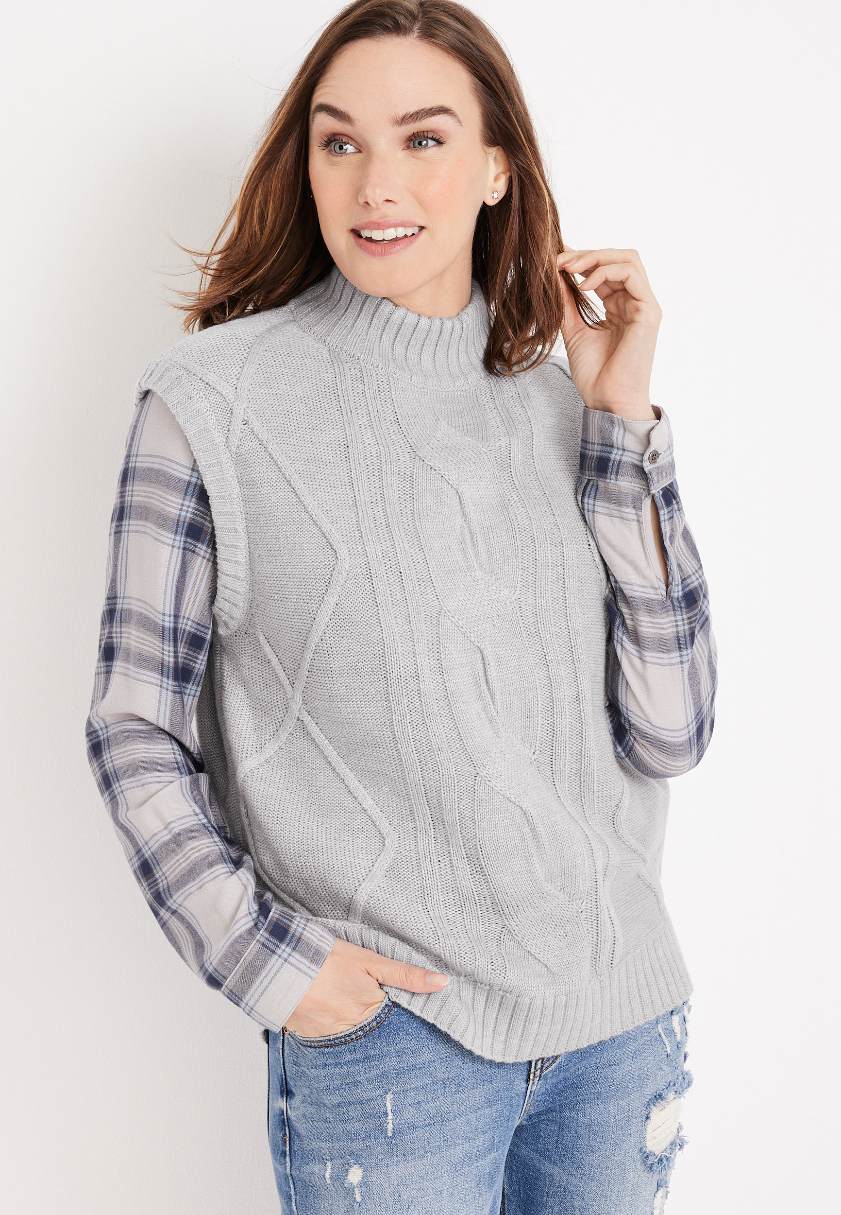 And Now This Women's Cable-Knit Mock-Neck Sleeveless Sweater