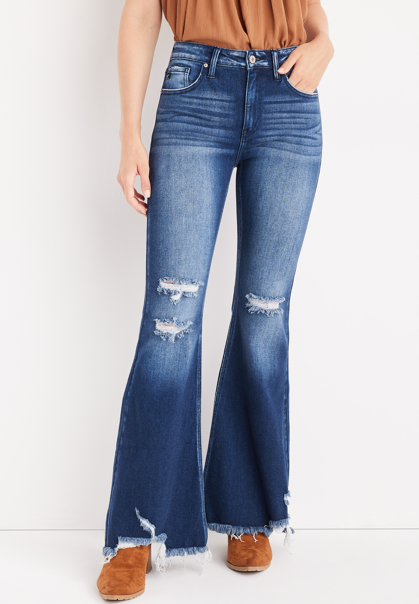 High Rise Ripped Flare Jeans