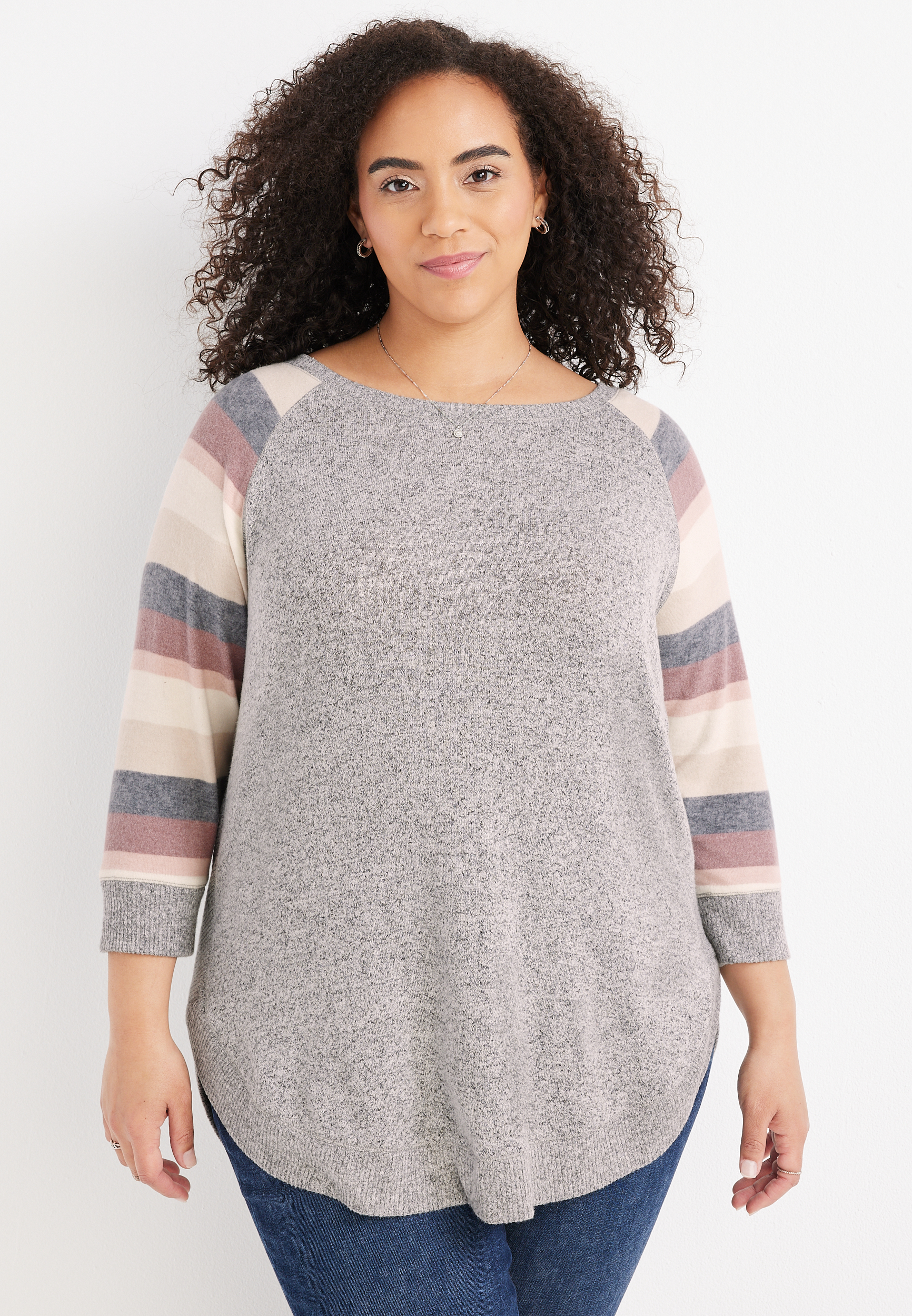 Plus Size Haven Striped Sleeve Boat Neck Sweatshirt | maurices