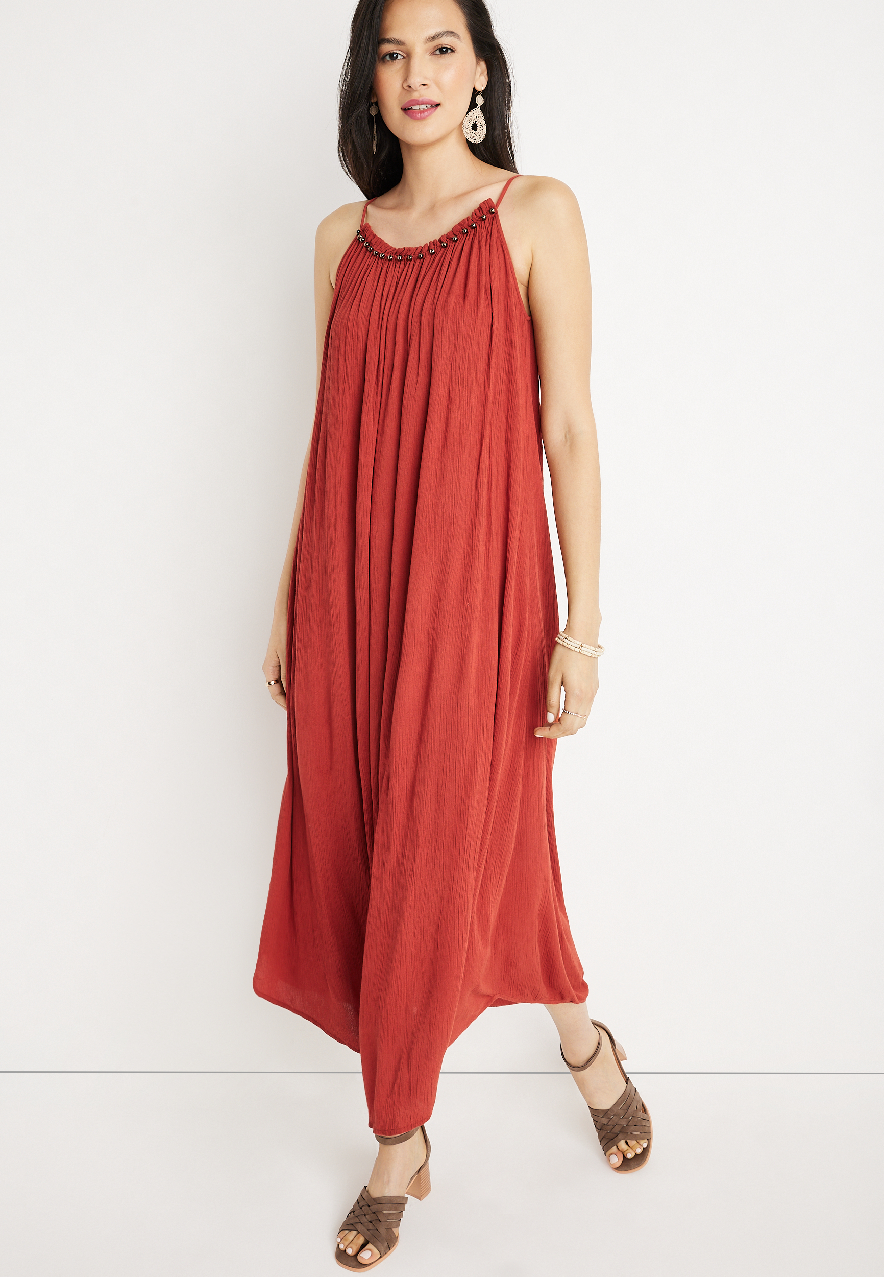 Solid Studded Gauze Midi Dress | maurices