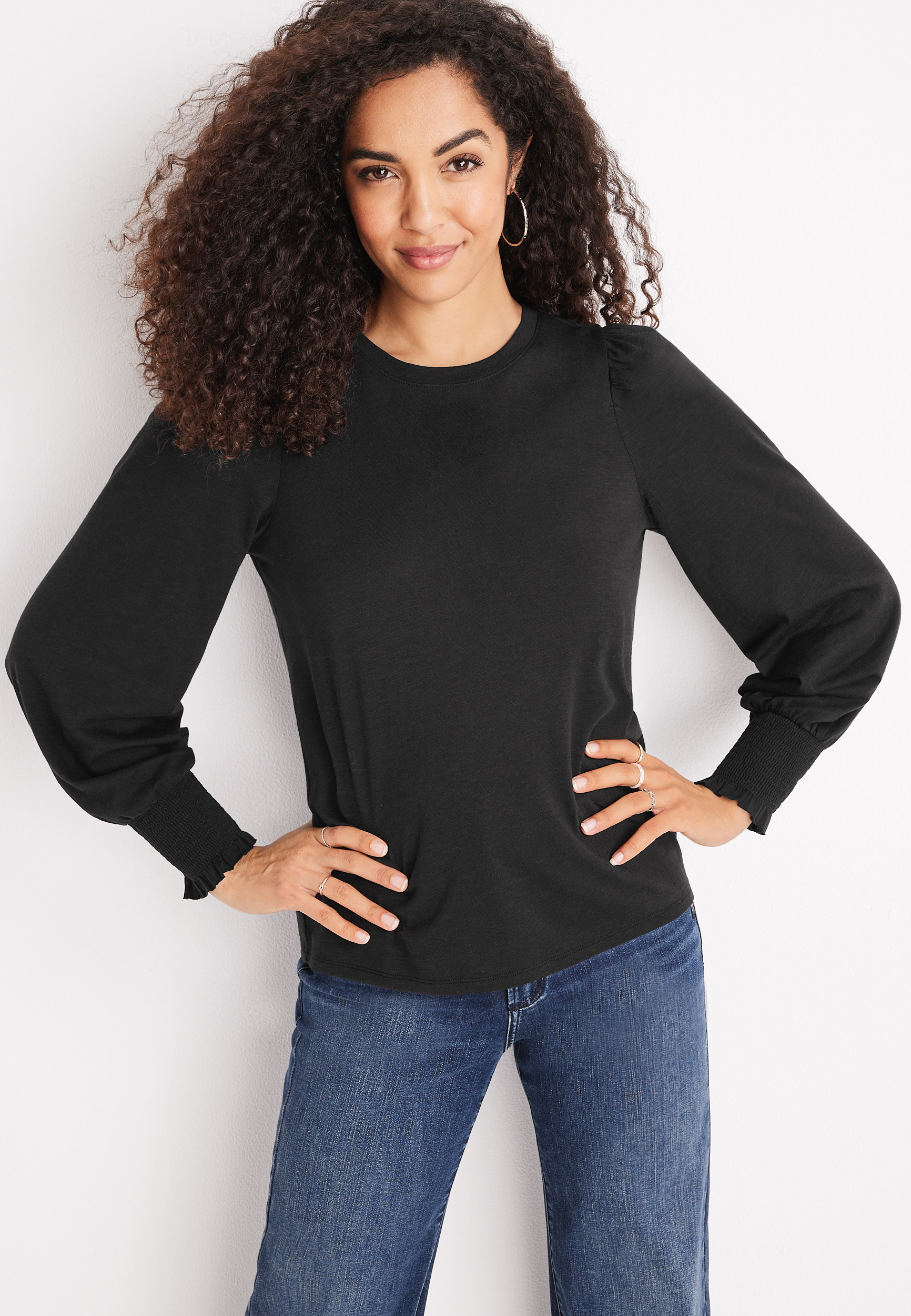 Crushed Smocked Sleeve Tide Crew Neck main image 0