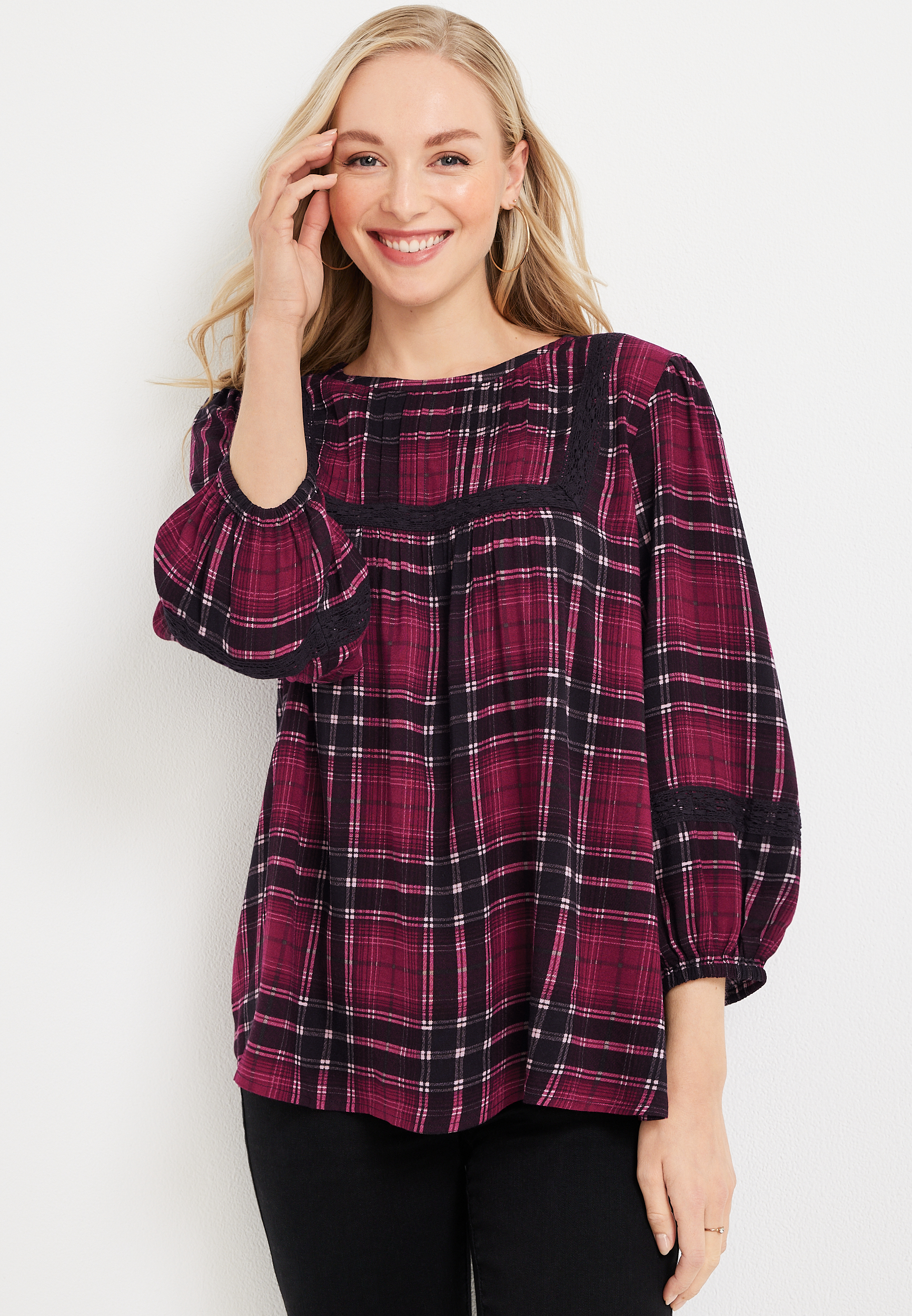 Plaid Lace Trim Peasant Blouse maurices