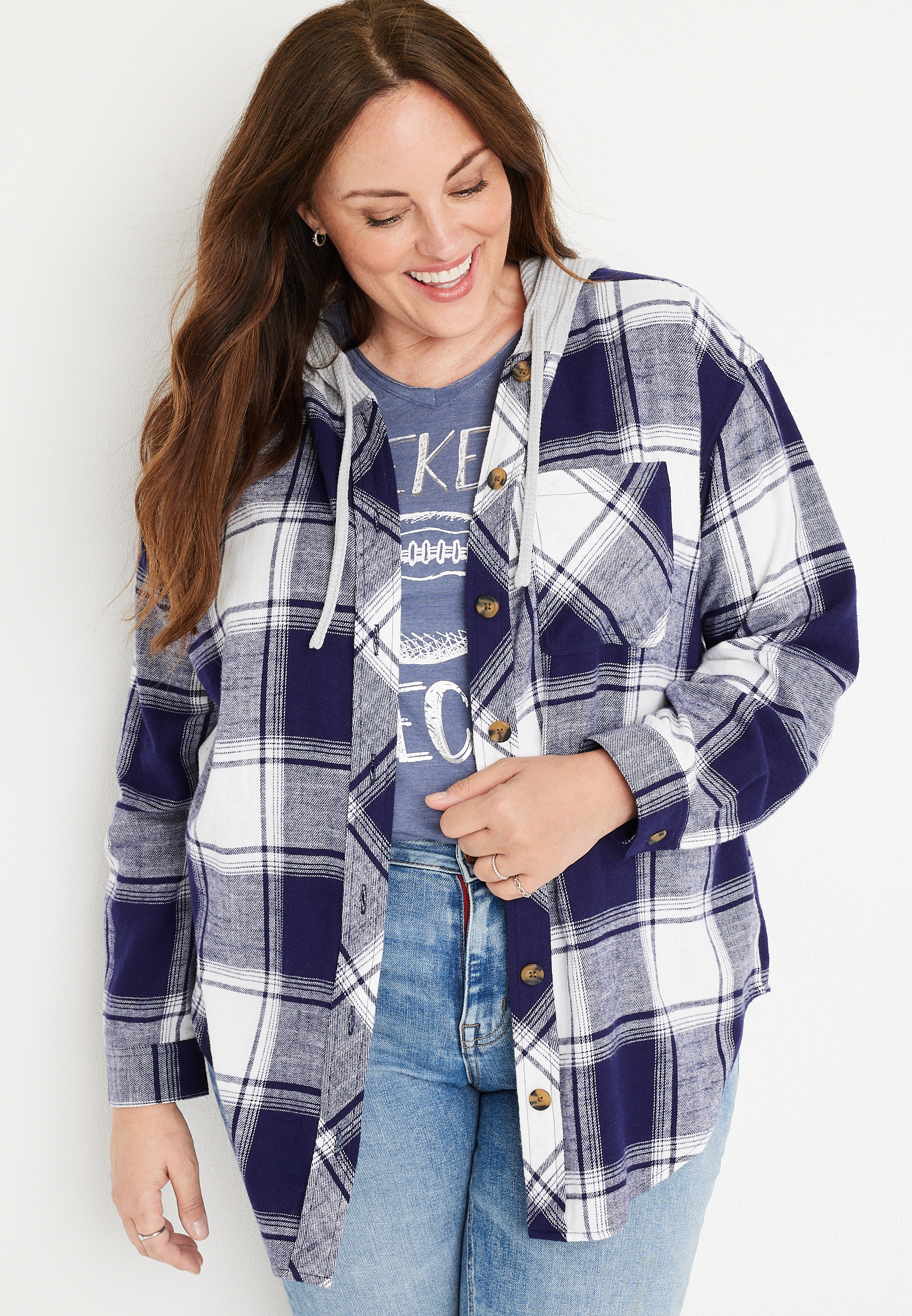 Plus Size Cabin Plaid Hooded Boyfriend Shirt