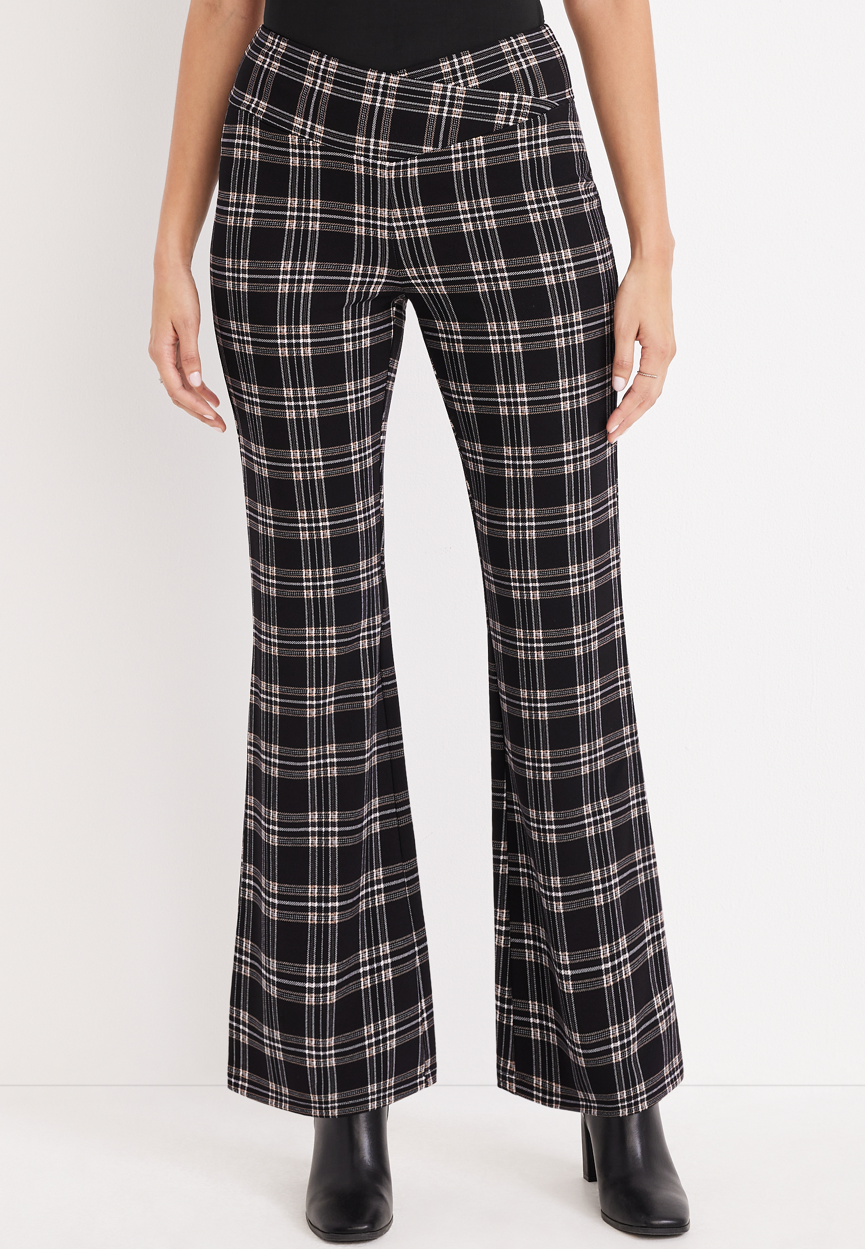 Black Plaid Ever Go Flare Crossover Waist Pant | maurices