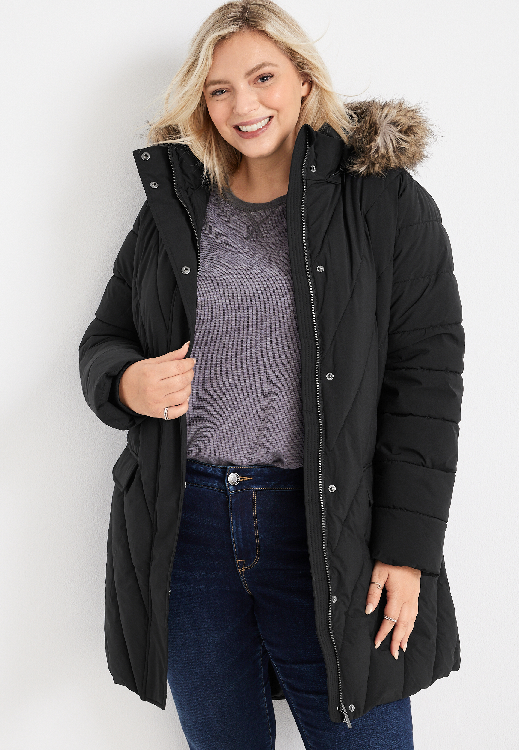 Plus Size Faux Fur Hood Puffer Jacket maurices