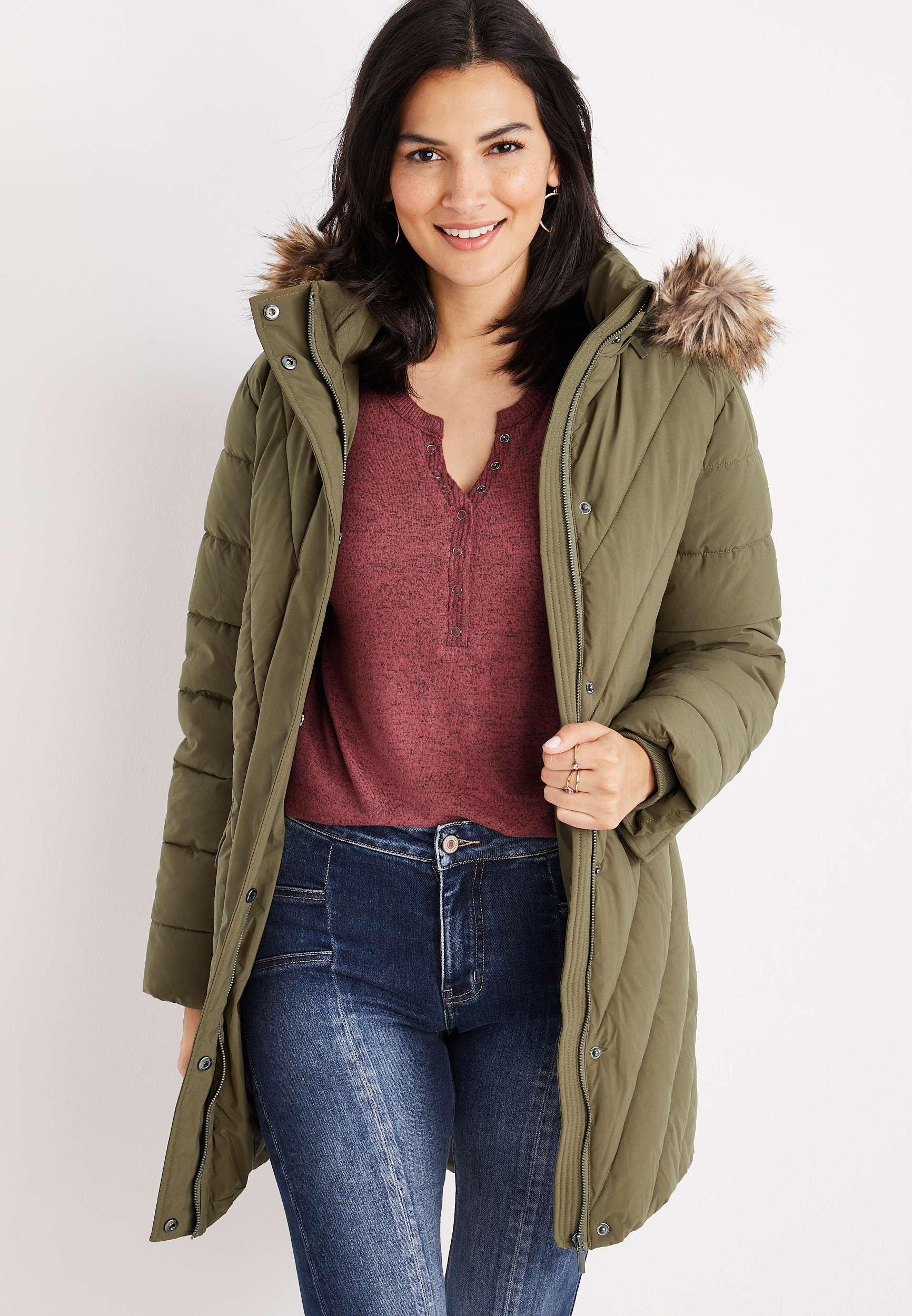 Olive Faux Fur Hood Puffer Coat