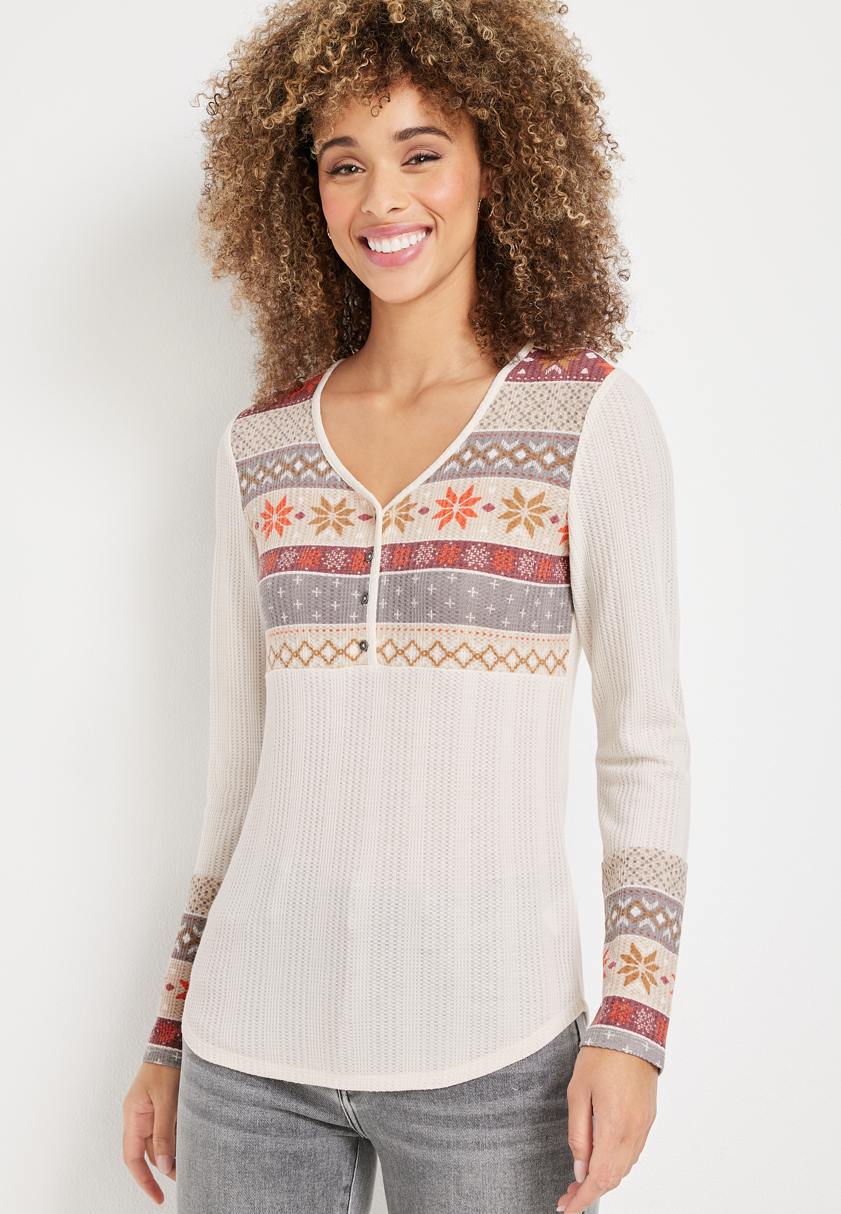 Haut Thermique Free People – Blanc Fair Isle – Broderie – Femme M Henley