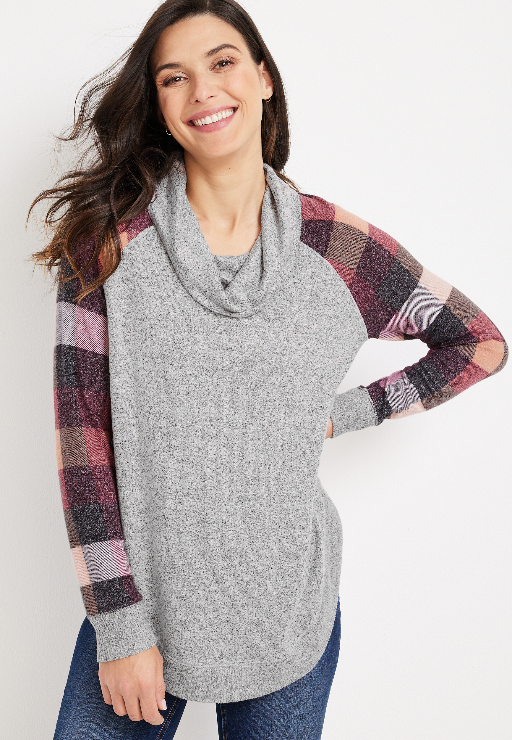 Buffalo plaid cowl neck on sale sweater