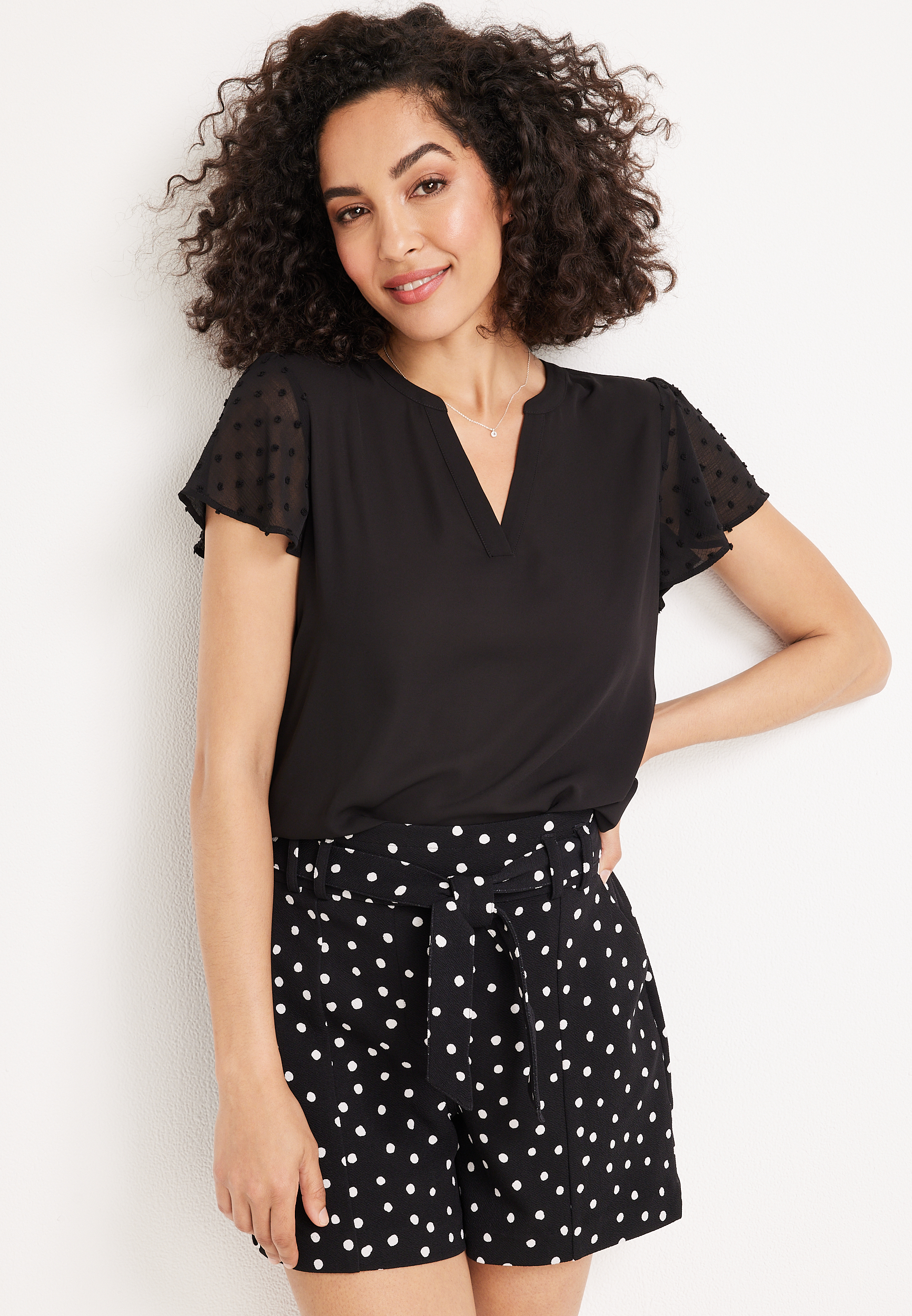 Maurices Women's Atwood Pleated Polka Dot Blouse