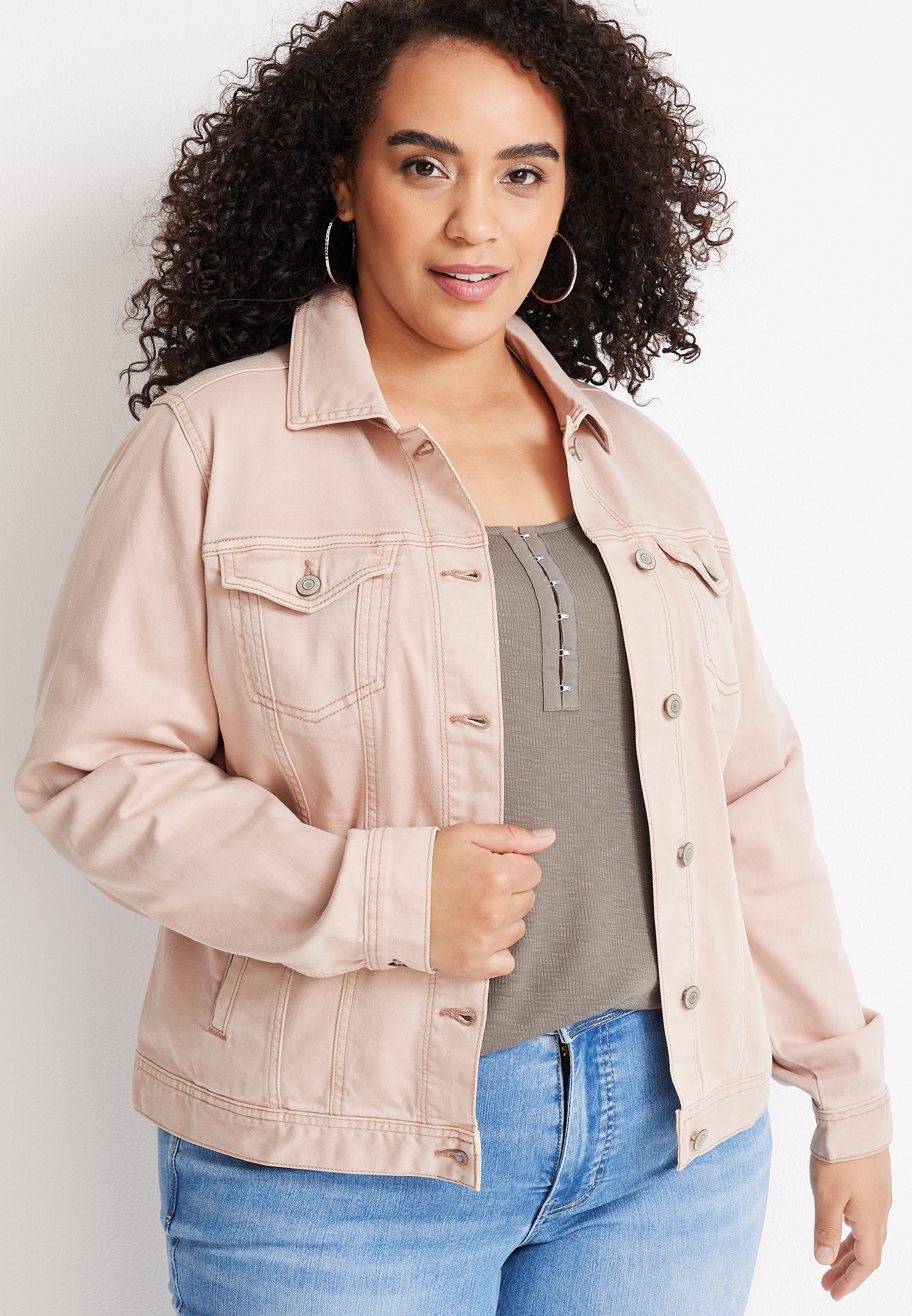 Pink plus size store denim jacket