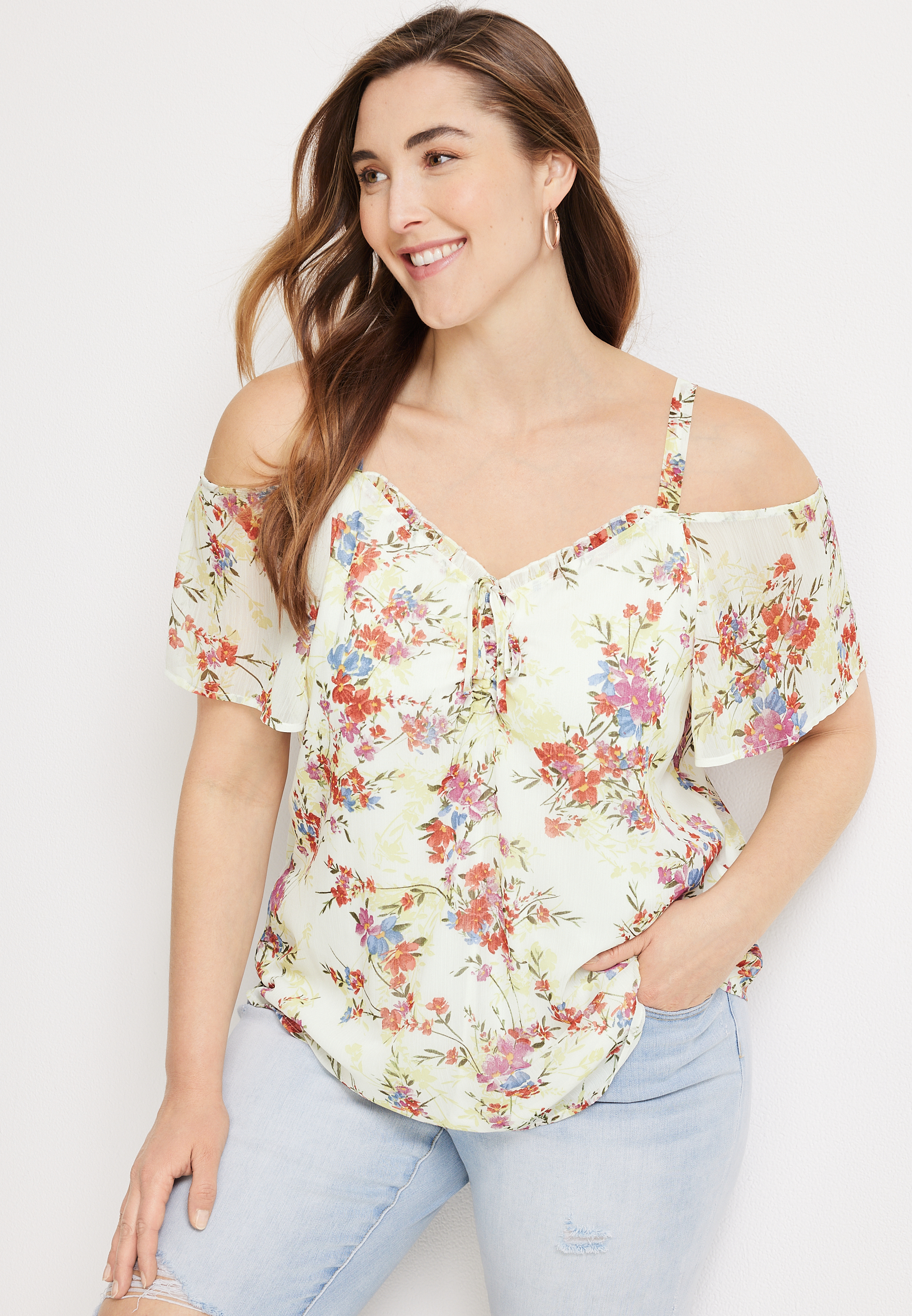 3020401 Multi Colour Floral Cold Shoulder Blouse main image 1