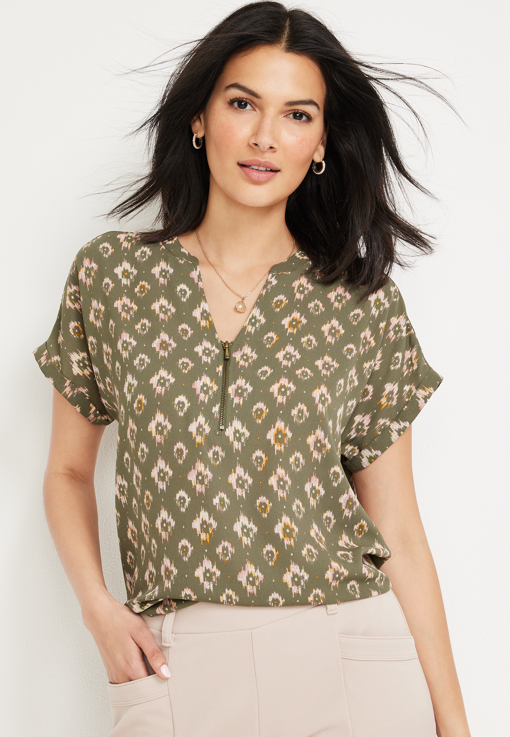 Geneva Ikat Zipper Neck Blouse | maurices