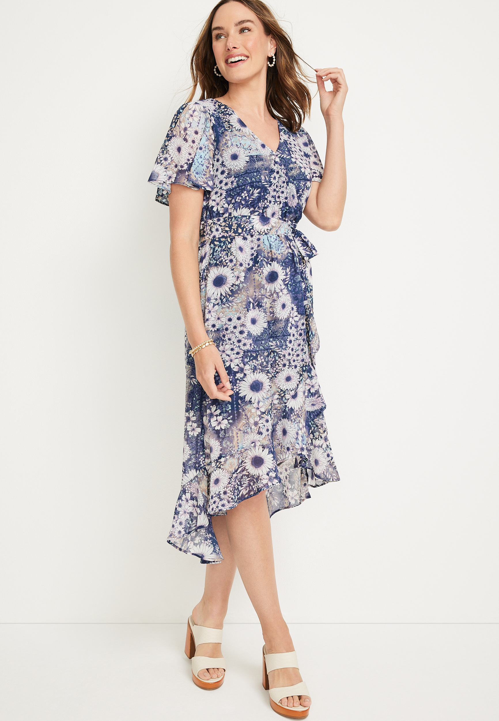 blue dress pacsun Floral 3/4 Sleeve Pleated Wrap Midi Dress – Stella Morgan main image 1