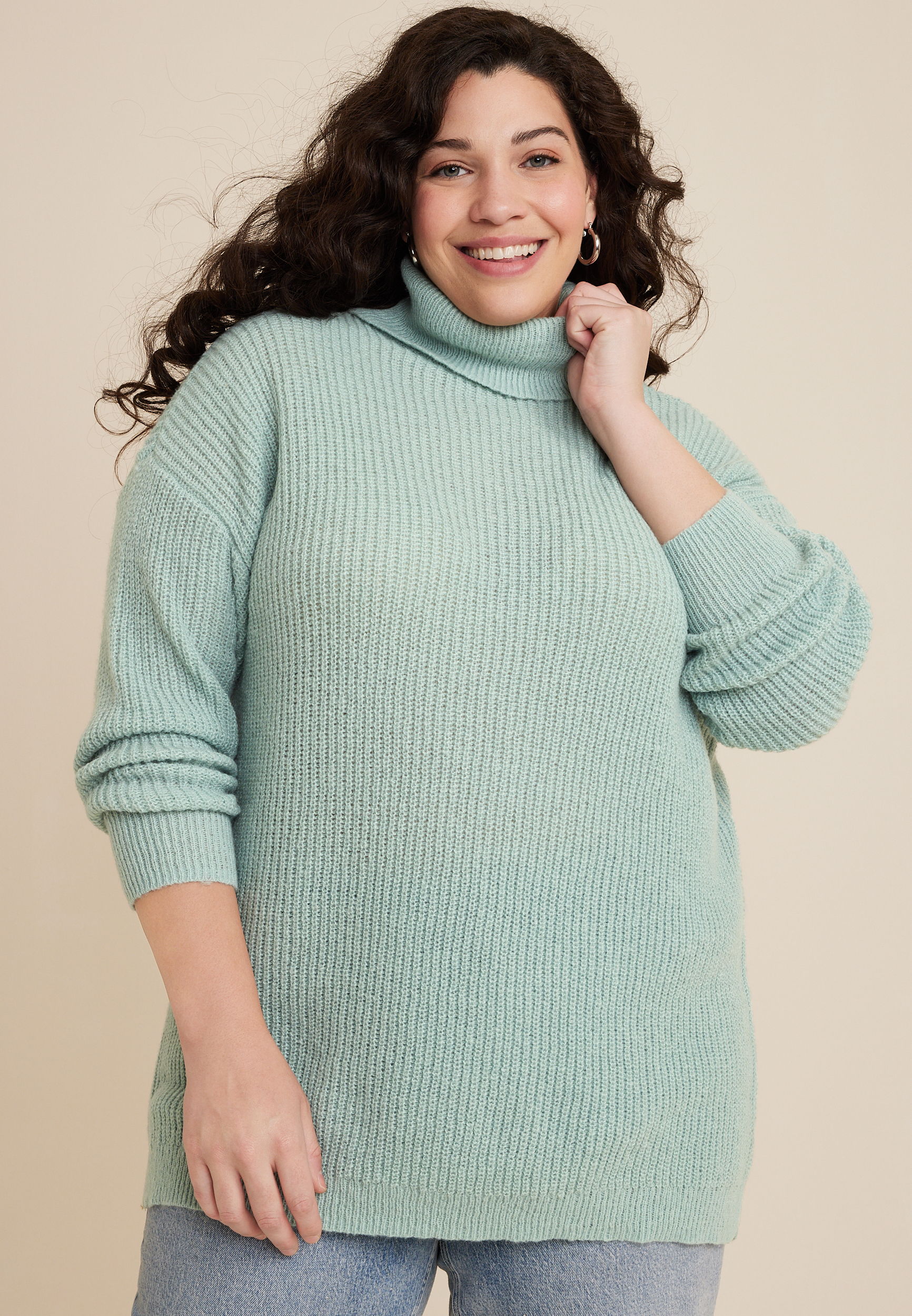 Shaker-Stitch Tunic-Length Turtleneck Sweater for Women