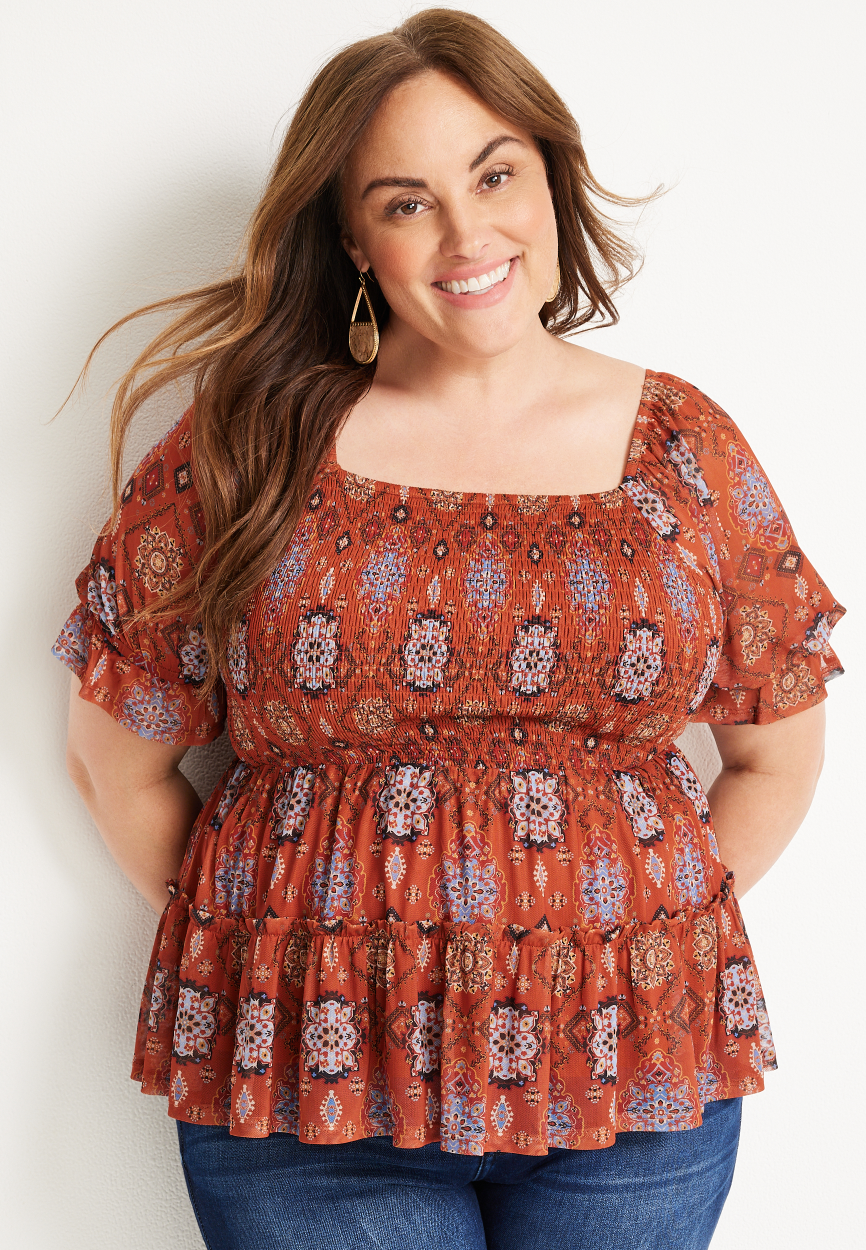 Plus Size Medallion Smocked Sheer Peplum Top