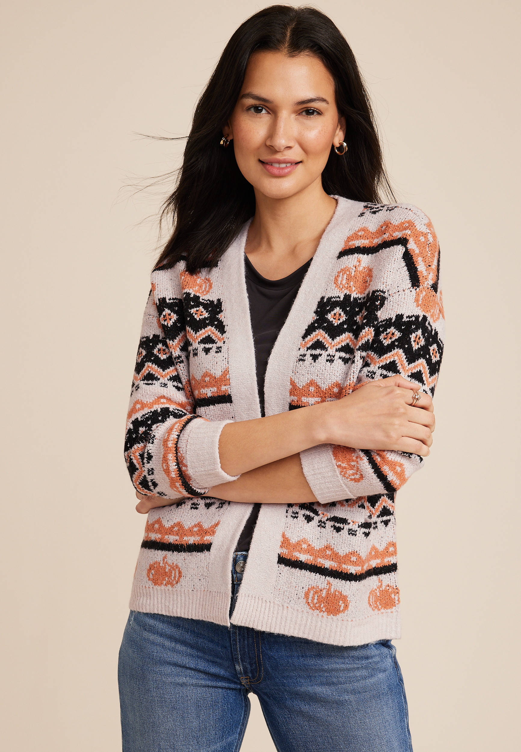 Michael Simon Women's Halloween Haunted House Pumpkin Jack-O-Lantern Cardigan, Medium