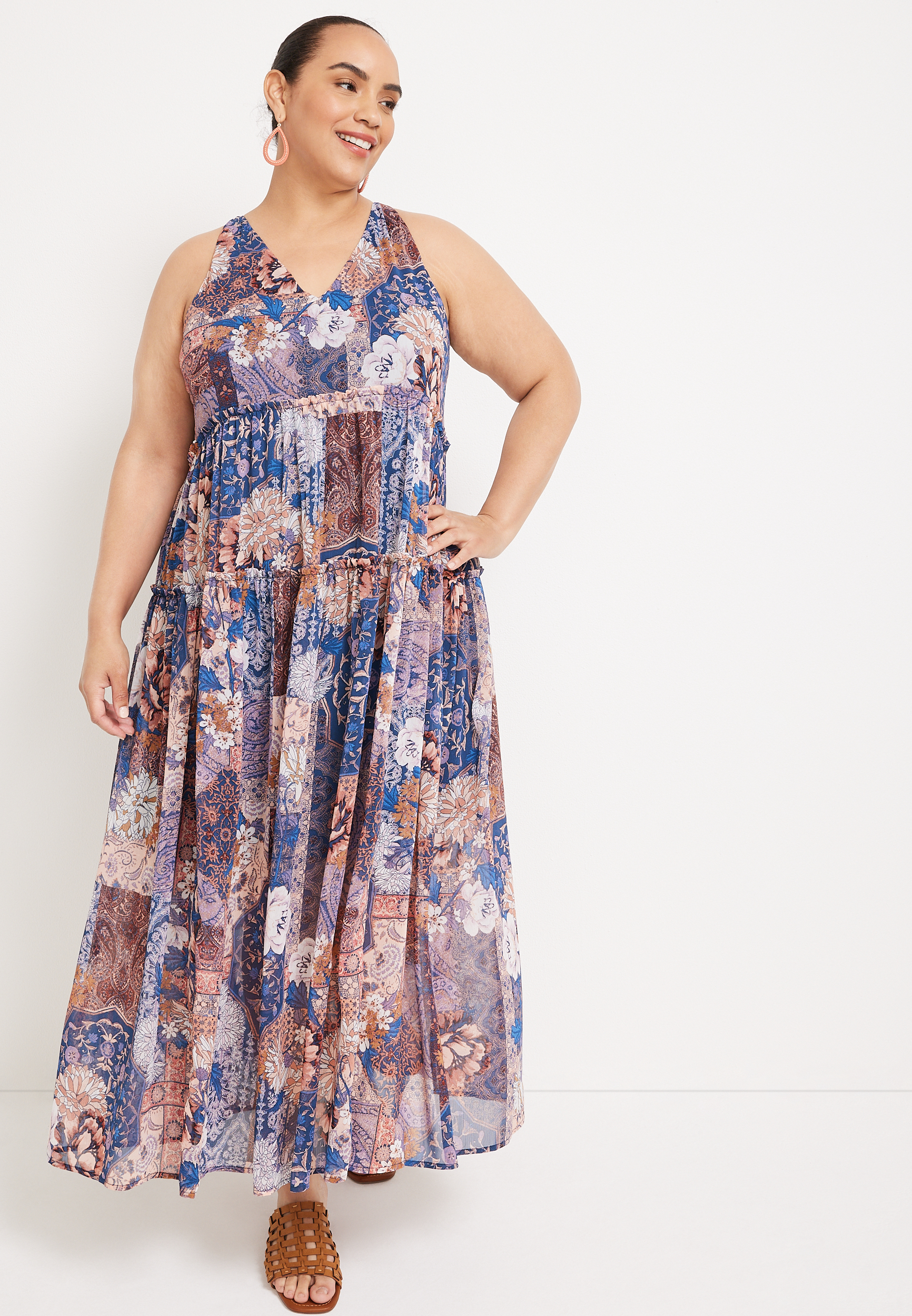 fitted lace wedding dress Brown Plus Size Floral Split V Neck Ruffled Sleeve Tiered Maxi Dress