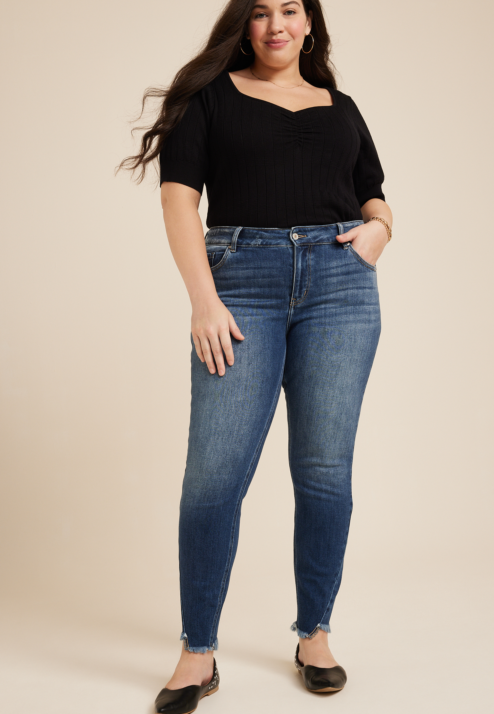 Risen High Waist Frayed Jeans-Plus Size