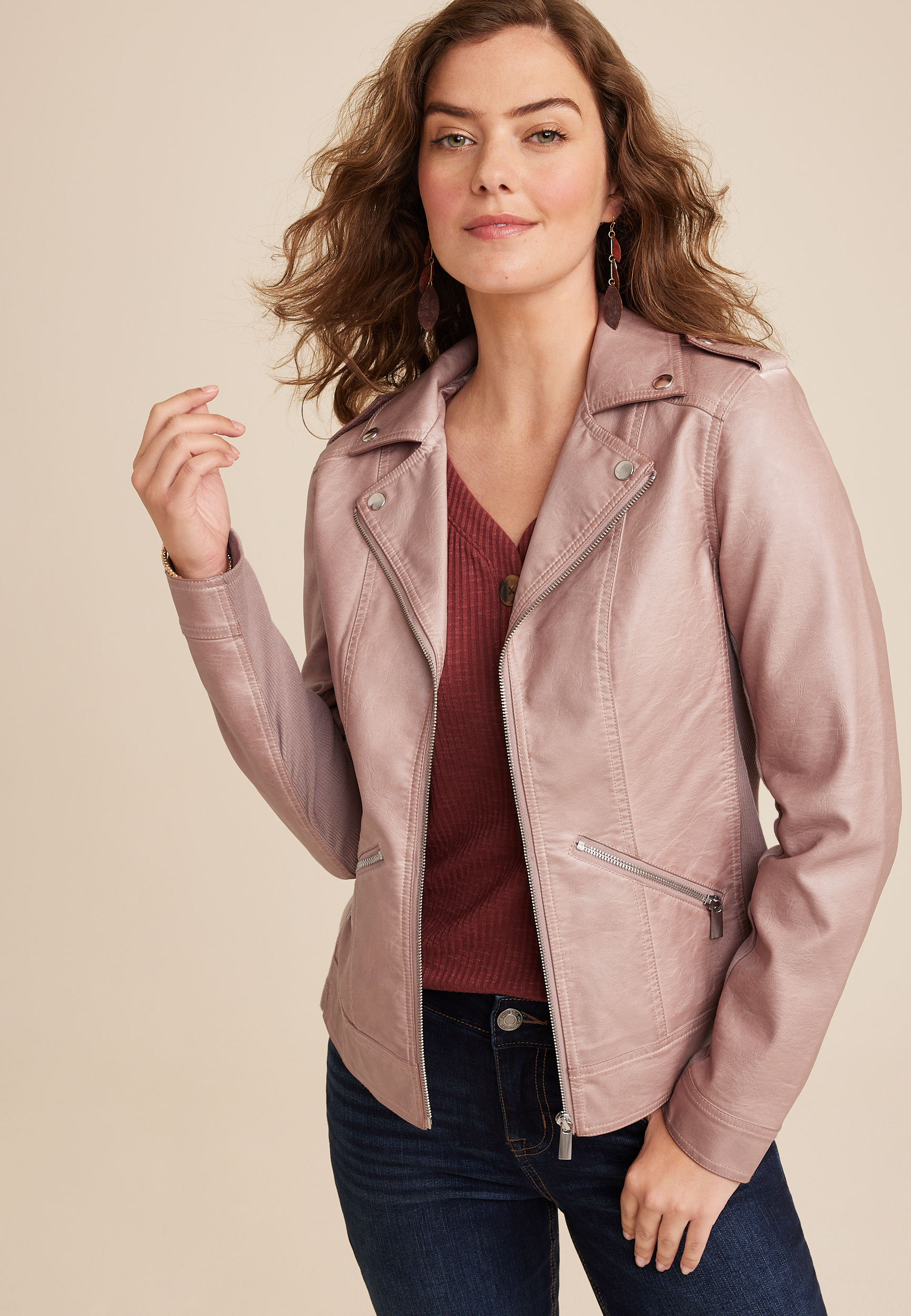 Pink faux clearance leather moto jacket