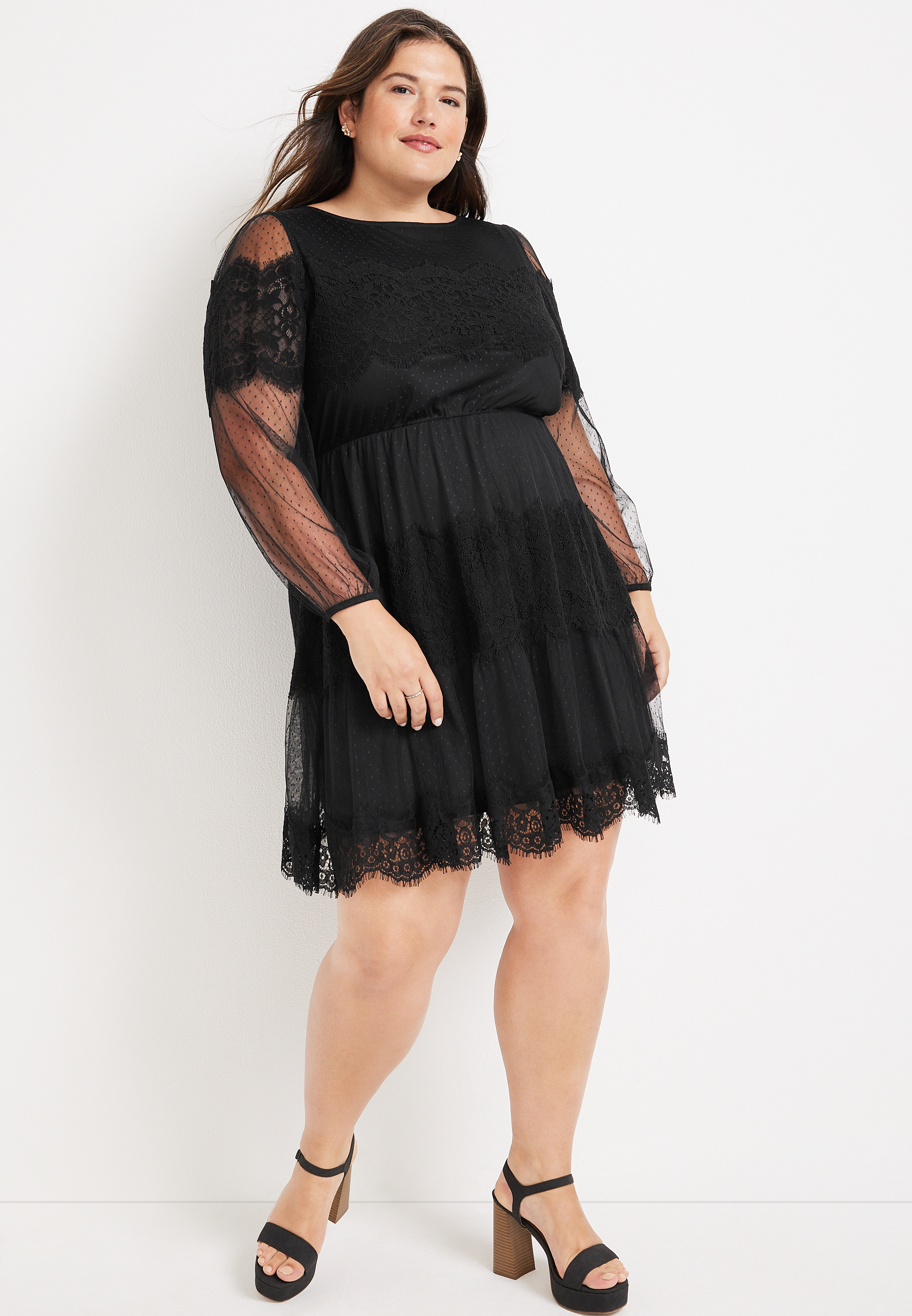 Plus Size Little Black Mini Dresses Sheer Long Sleeve Lace