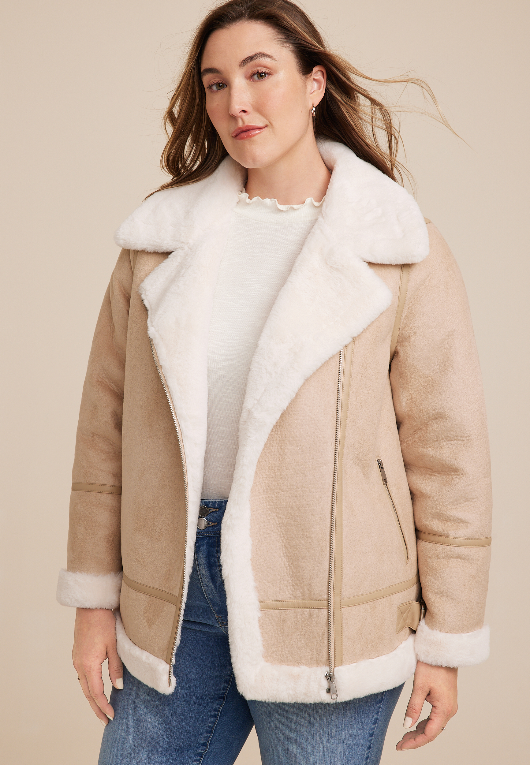 Vegan Suede Sherpa-Trim Jacket